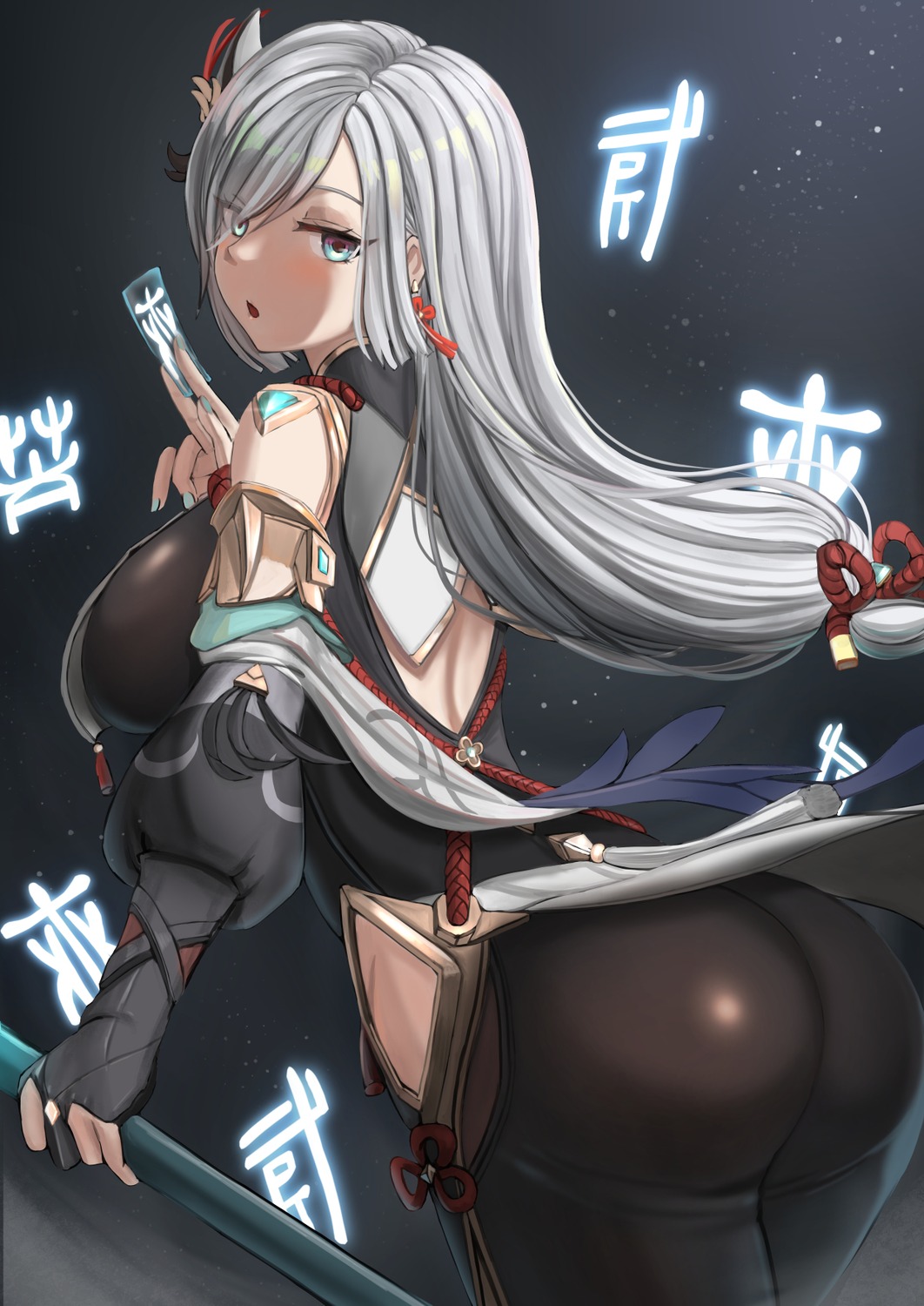 asian_clothes ass bodysuit genshin_impact no_bra shenhe sugawara_you