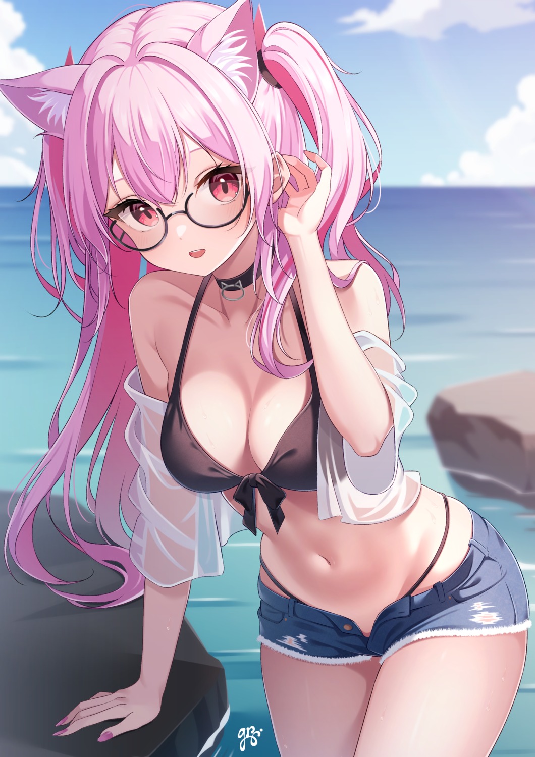 animal_ears bikini guri_(gri1211) megane nekomimi open_shirt see_through swimsuits torn_clothes