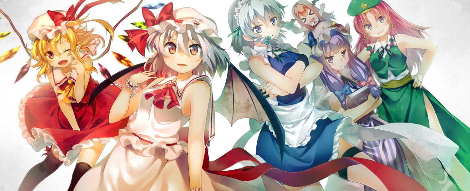 flandre_scarlet hong_meiling izayoi_sakuya koakuma niwashi patchouli_knowledge pointy_ears remilia_scarlet thighhighs touhou wings