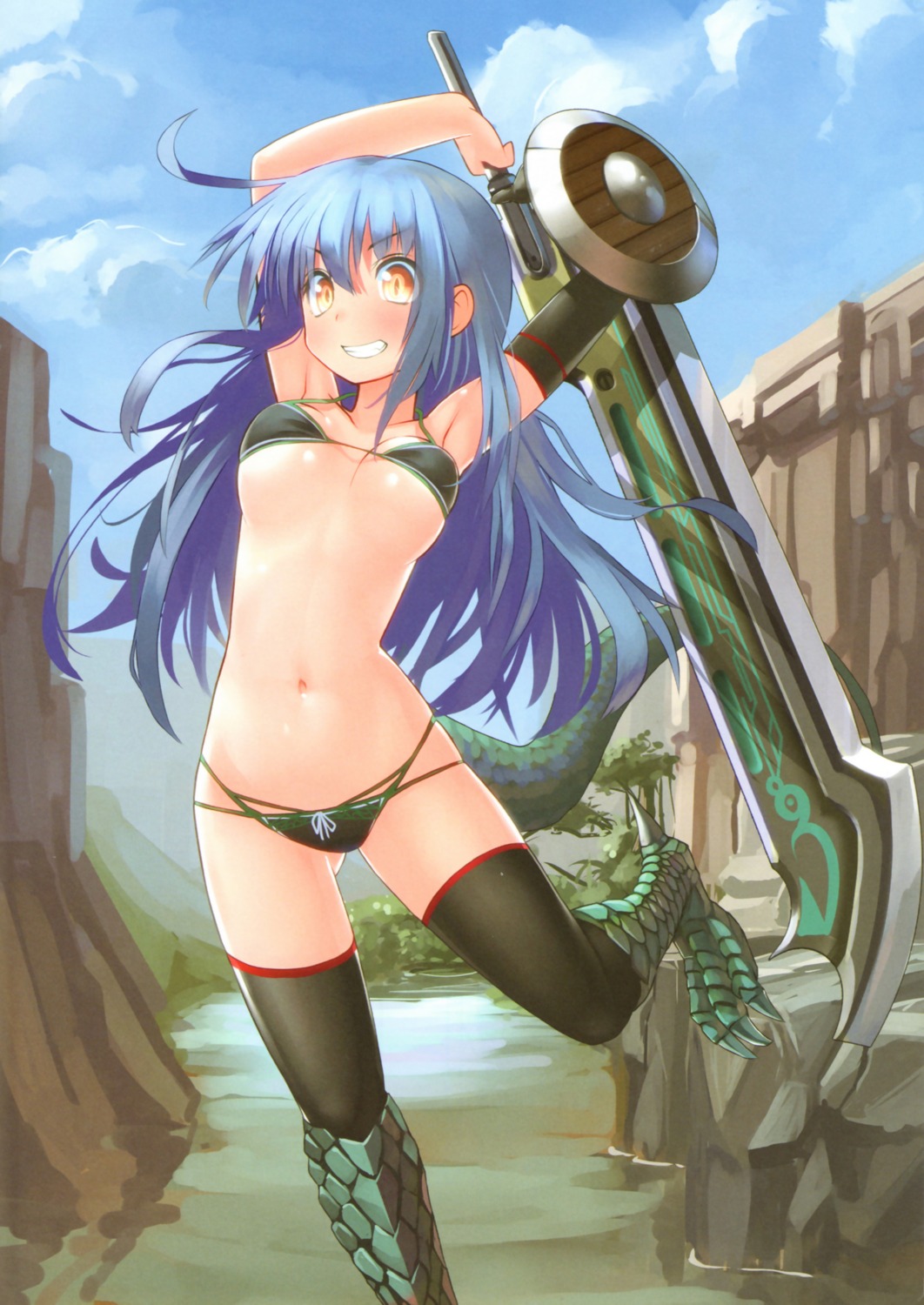 bikini genkai_tokki_monster_monpiece monster_girl swimsuits sword tagme thighhighs underboob