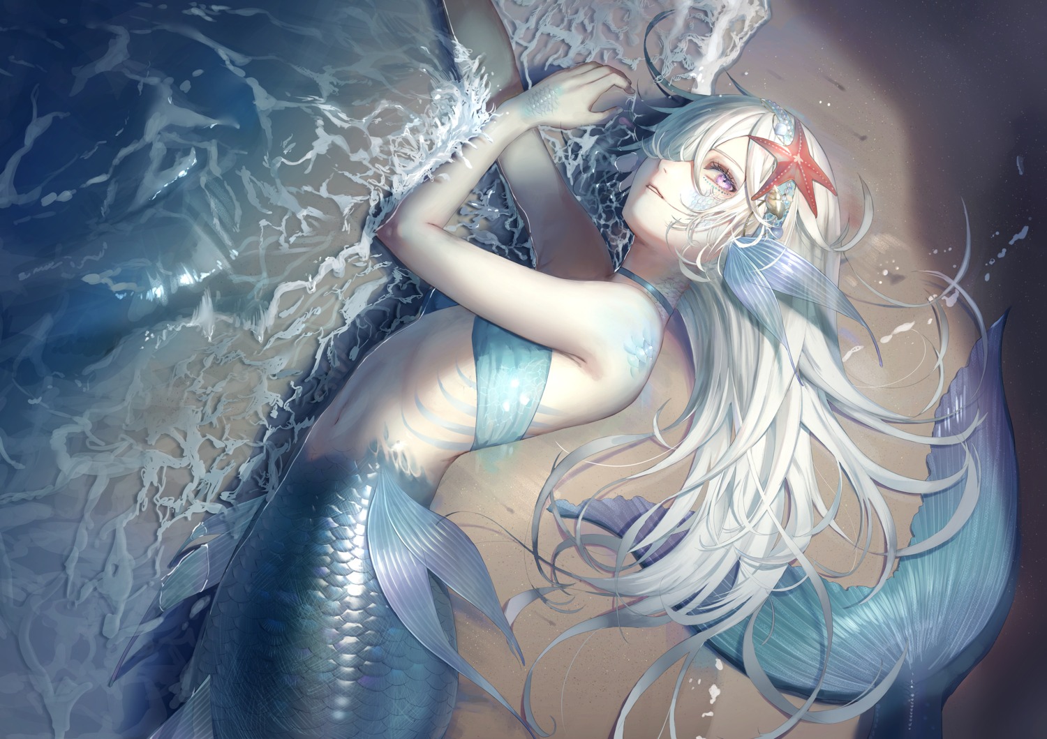 bikini_top fou_(ssqseeker) mermaid monster_girl swimsuits tail wet