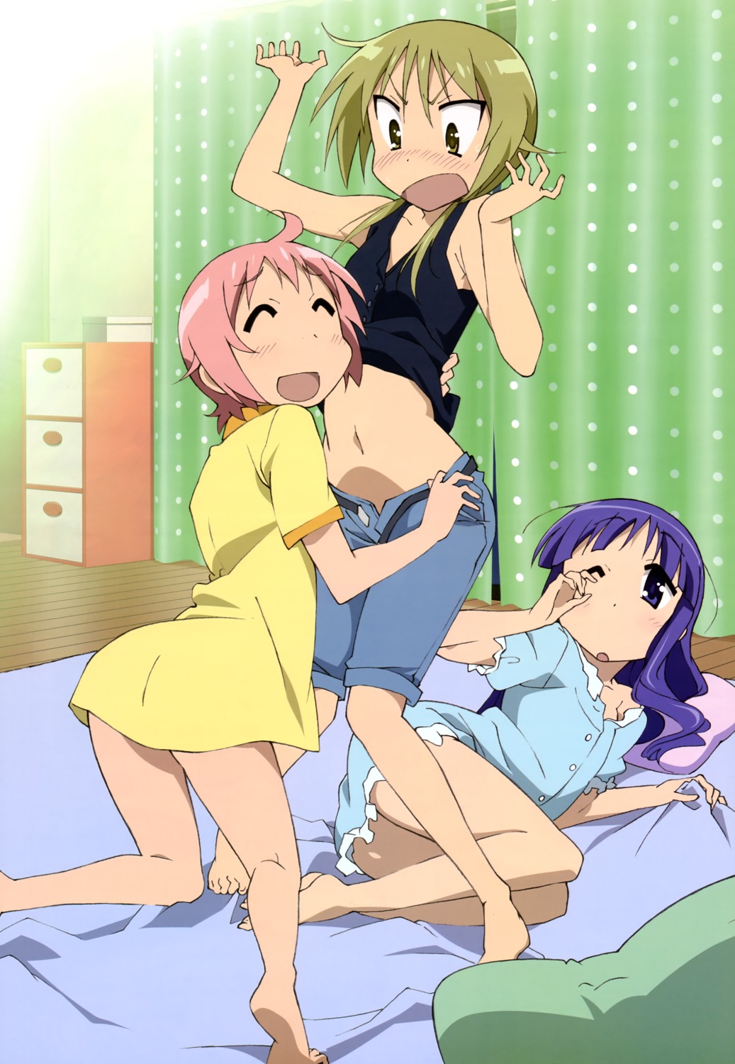 akazawa_eri bottomless hinata_yukari ichii_yui nonohara_yuzuko pajama shirt_lift undressing yuri yuyushiki