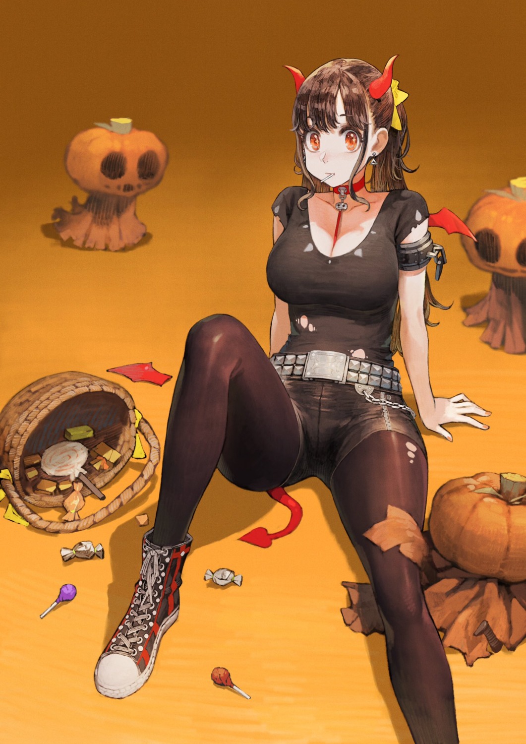 cleavage halloween horns jun_(seojh1029) pantyhose tail torn_clothes wings