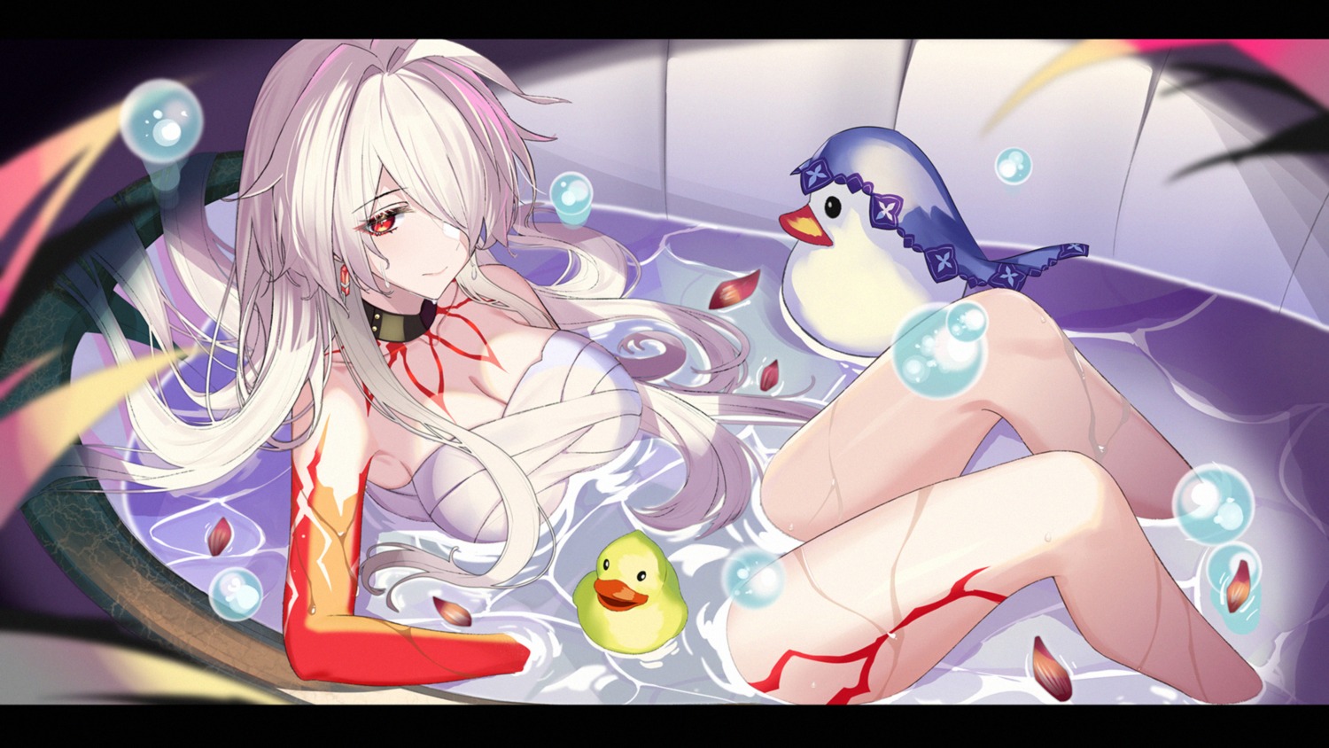 acheron bathing honkai:_star_rail sarashi srpzk tattoo wallpaper wet