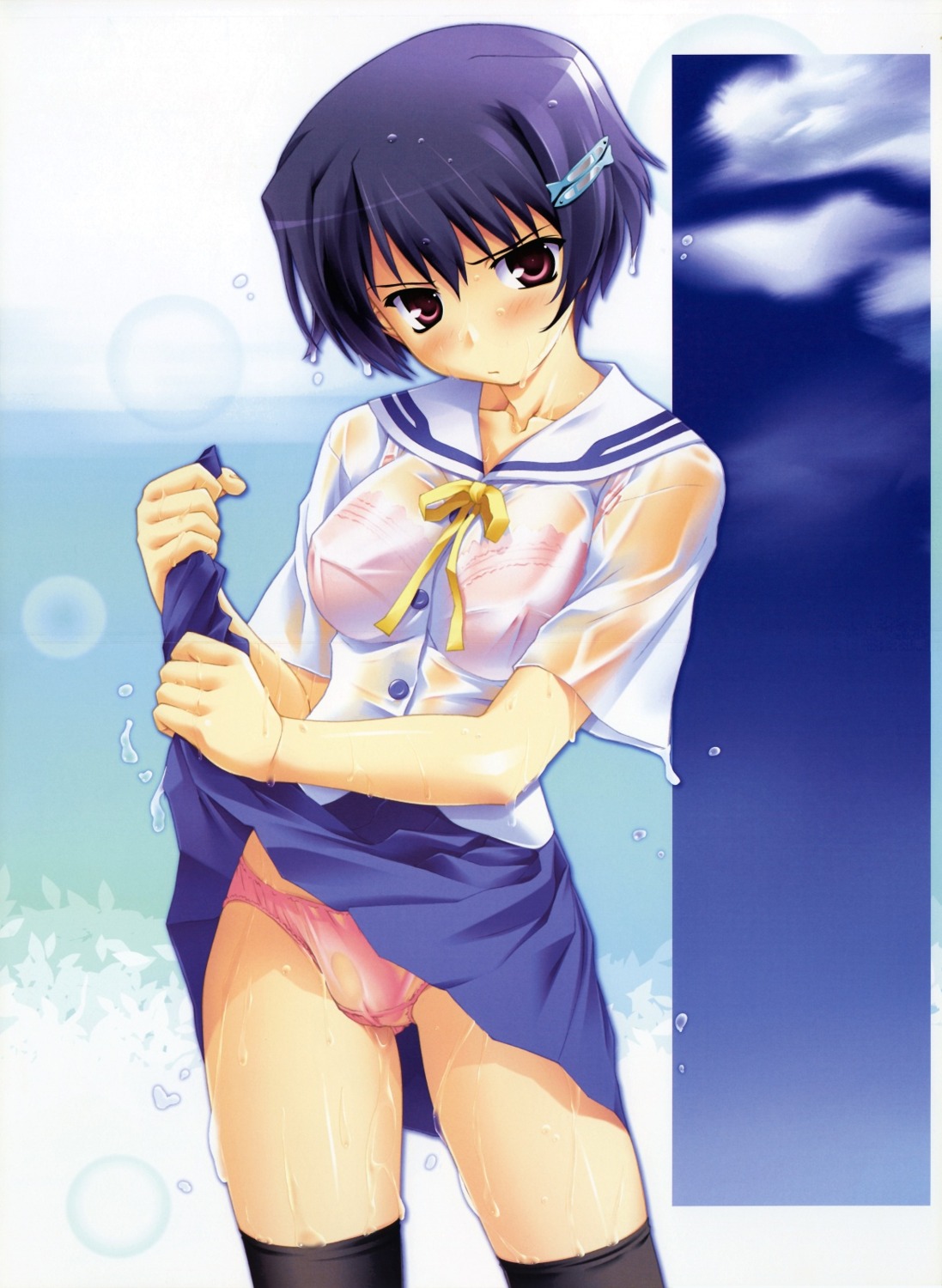 bra pantsu see_through seifuku skirt_lift tamahiyo thighhighs wet wet_clothes