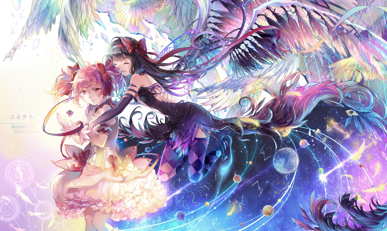 akemi_homura cleavage dress ekita_xuan kaname_madoka no_bra puella_magi_madoka_magica thighhighs wings