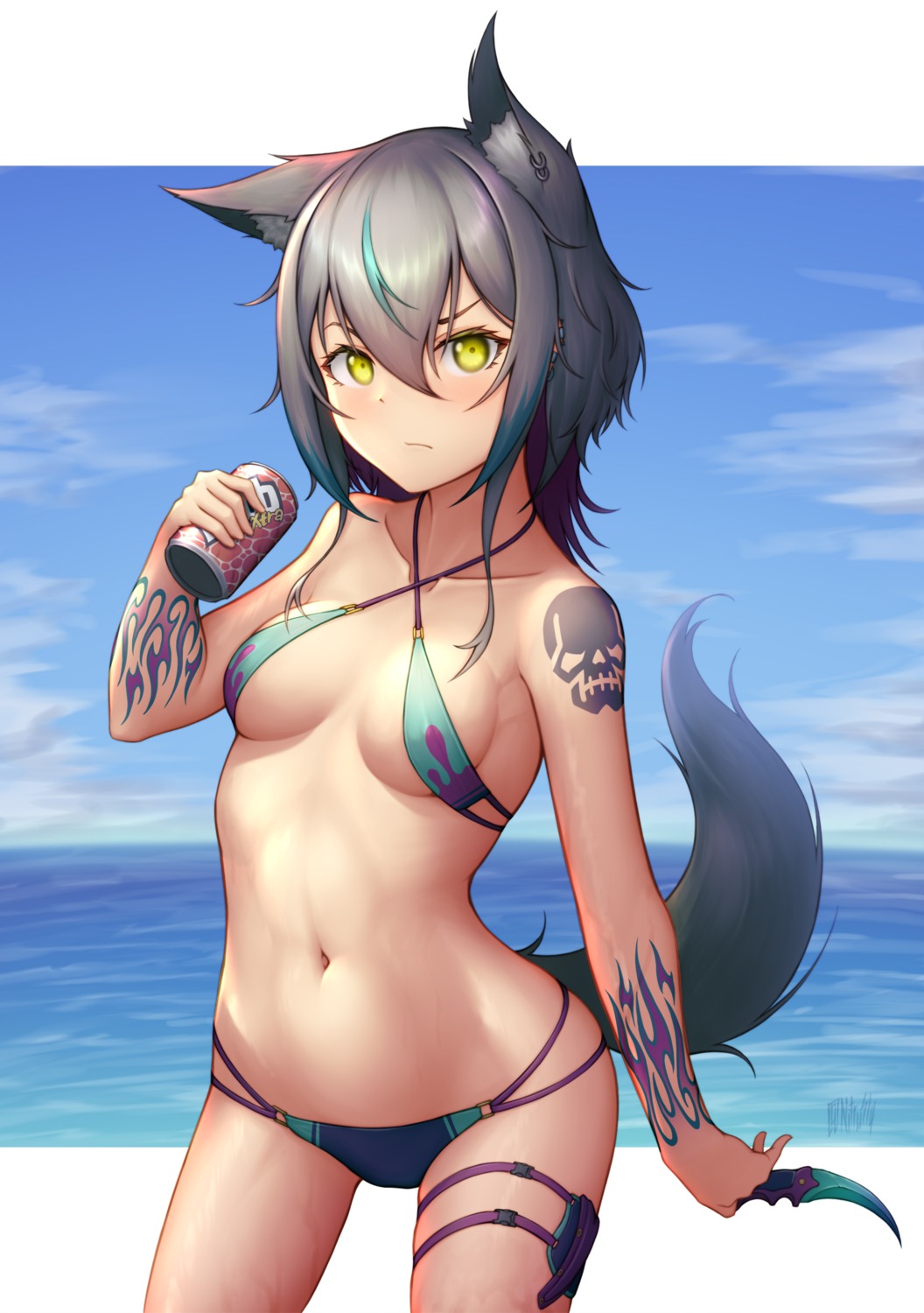 animal_ears bikini garter nitrus swimsuits tail tattoo weapon