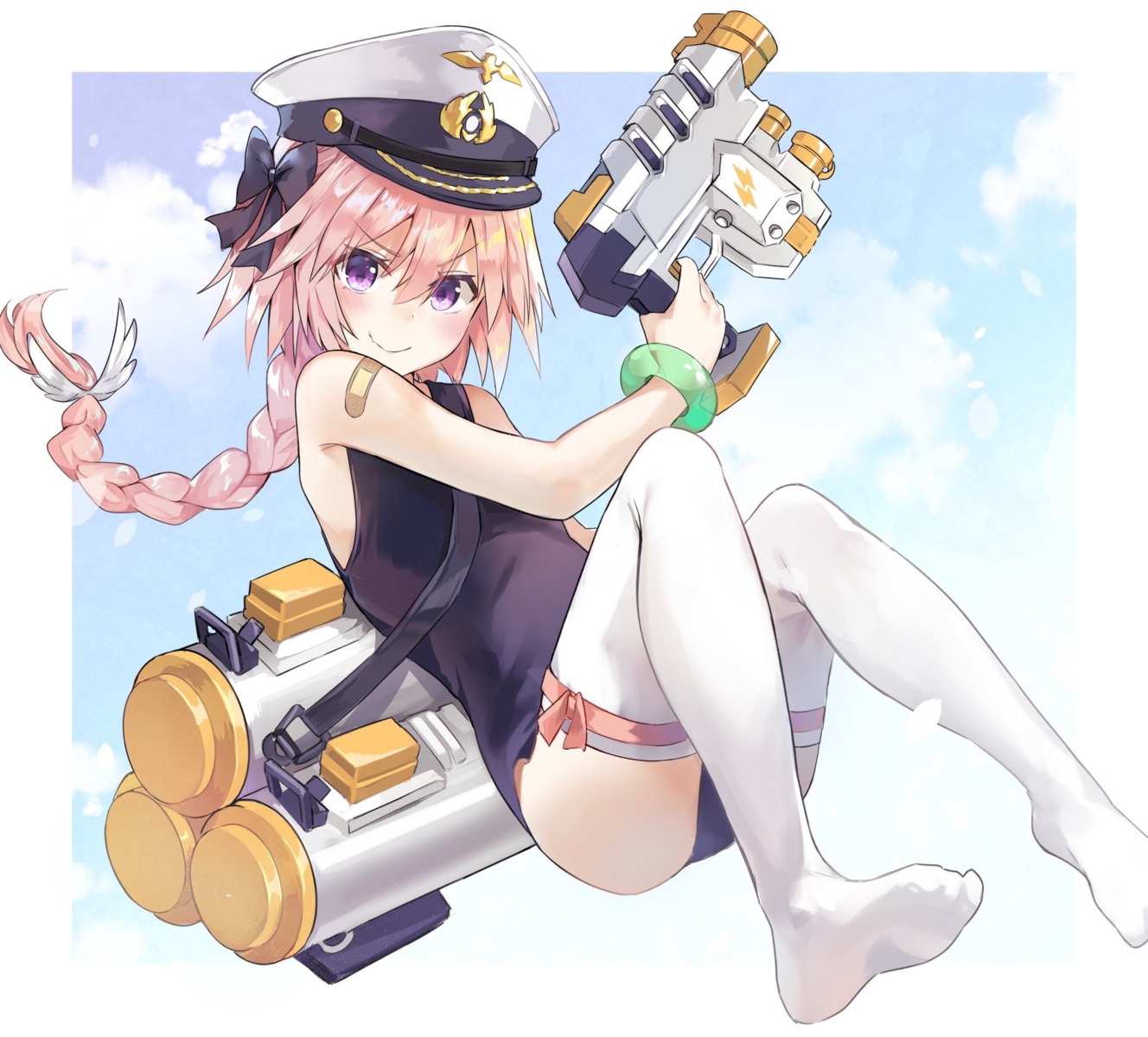 astolfo_(fate) bandaid fate/apocrypha fate/grand_order fate/stay_night feet garter gun kusumoto_touka school_swimsuit stockings swimsuits thighhighs trap