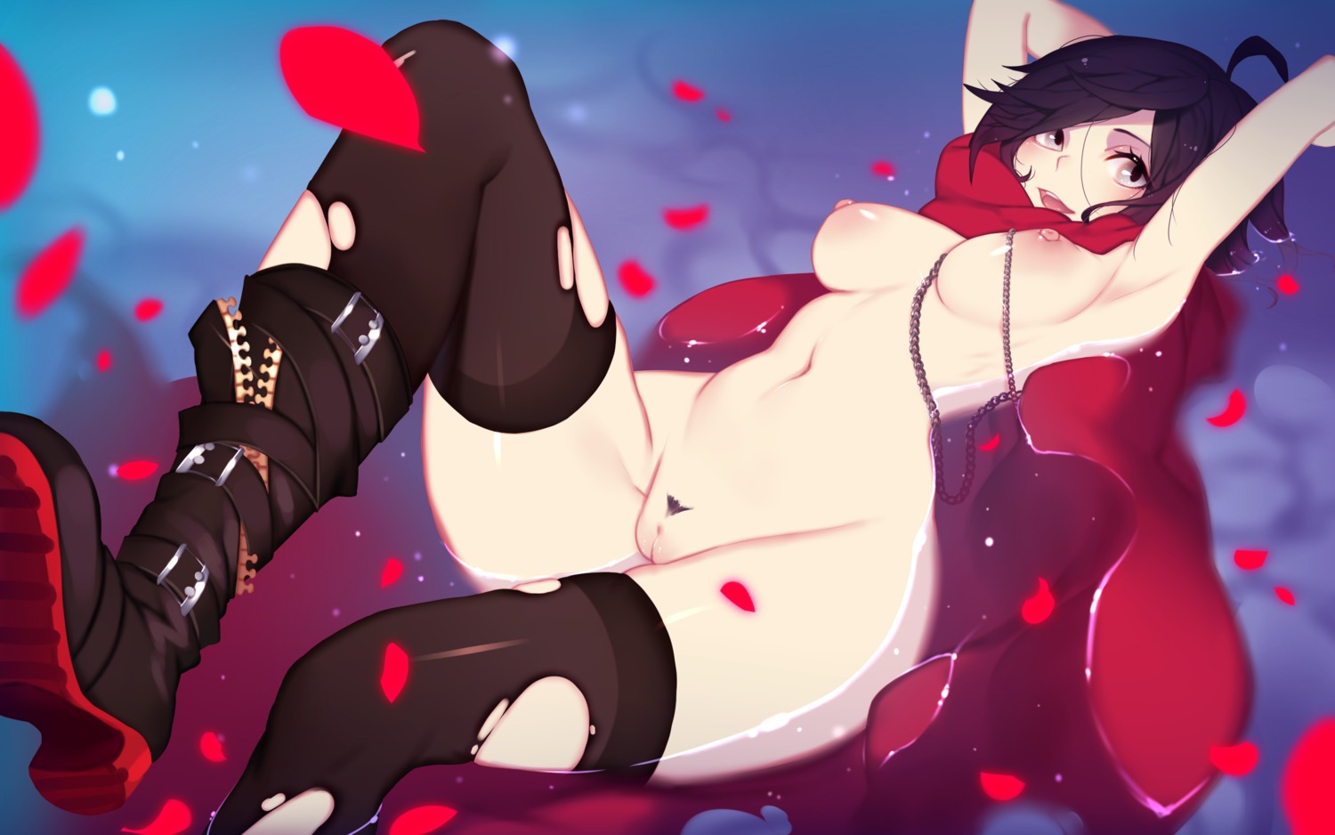 naked_cape nanoless nipples pubic_hair pussy ruby_rose rwby thighhighs torn_clothes uncensored wet