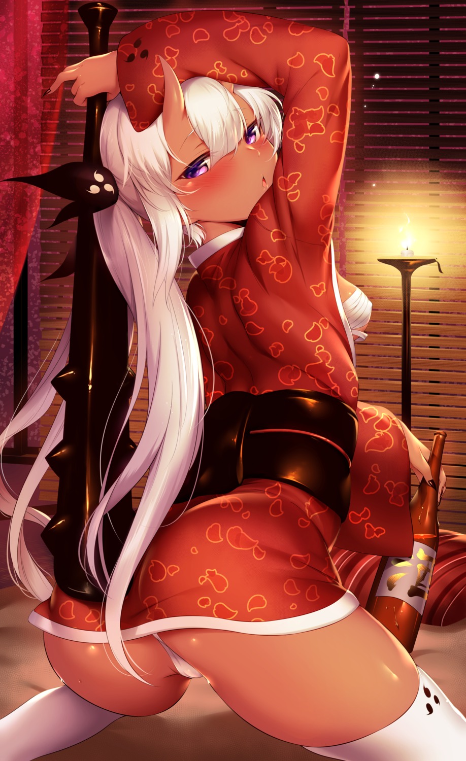 ass cameltoe erect_nipples horns kimono open_shirt pantsu rogia sarashi thighhighs thong weapon