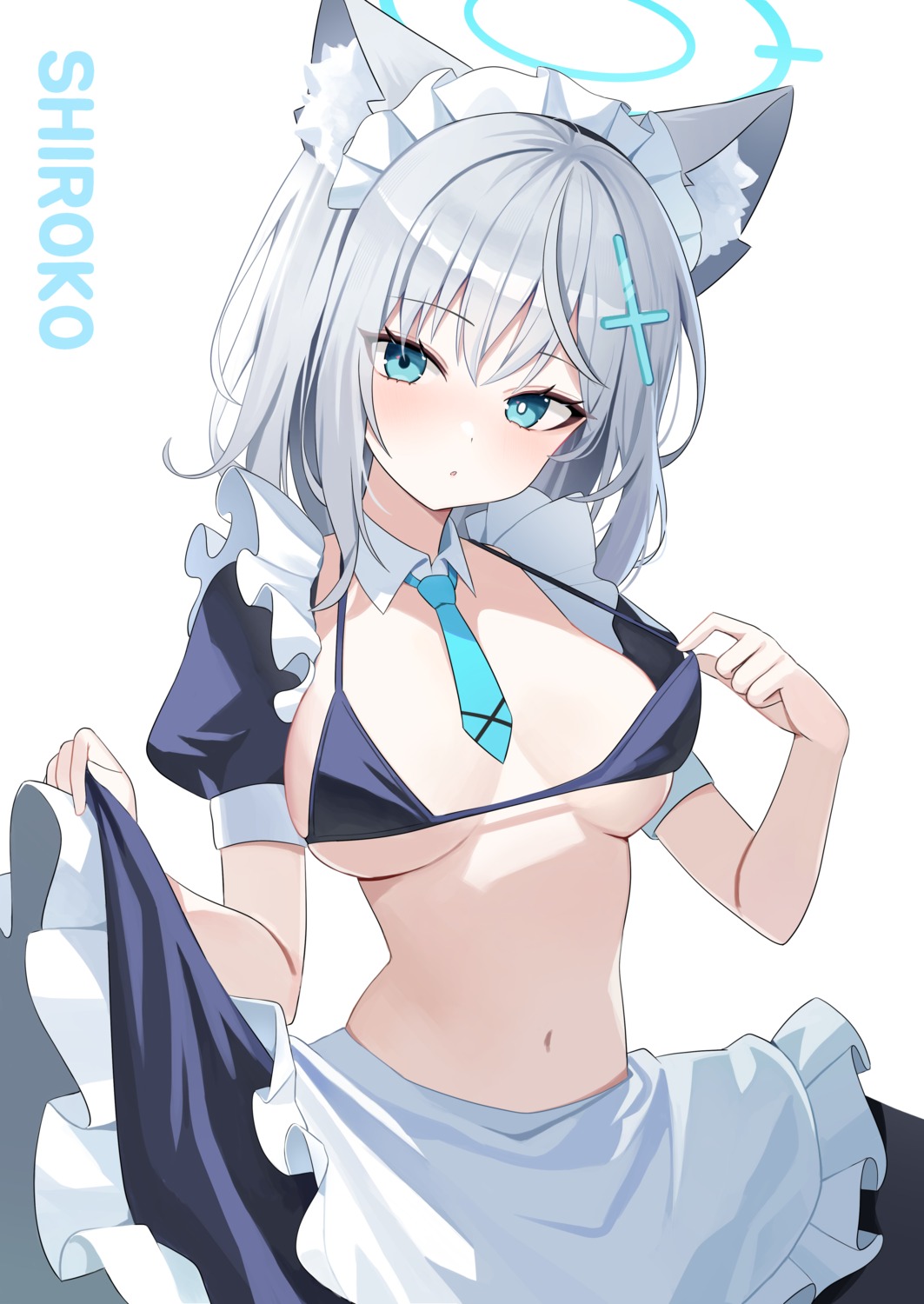 animal_ears blue_archive bra halo maid nannung nekomimi skirt_lift sunaookami_shiroko undressing