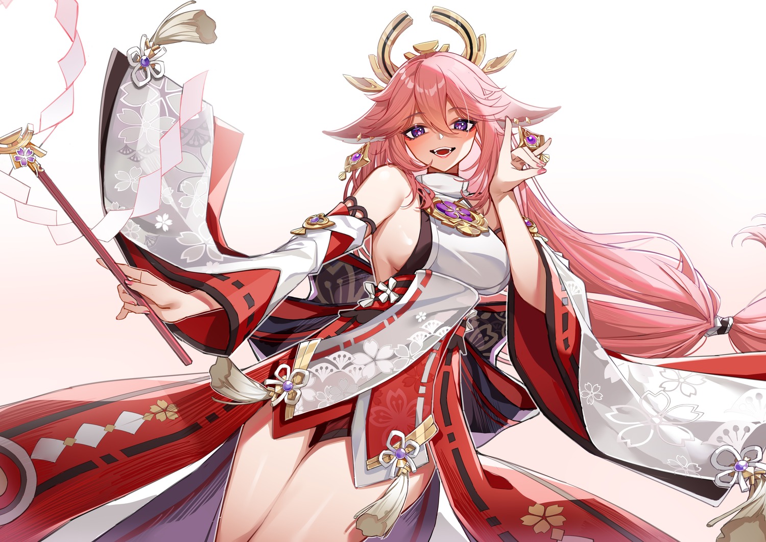 akinatsu_meguru animal_ears genshin_impact japanese_clothes kitsune no_bra yae_miko