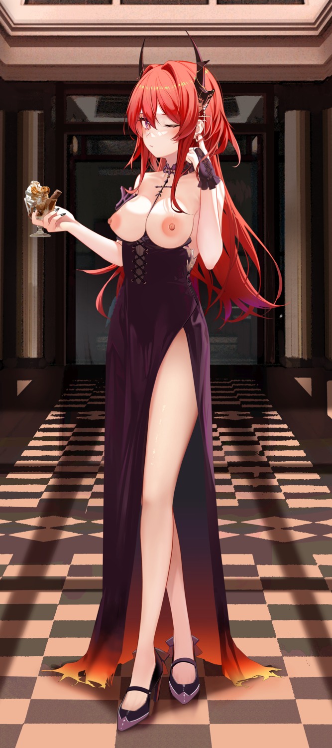 arknights breasts dress heels horns nipples no_bra ru_zhai surtr_(arknights)