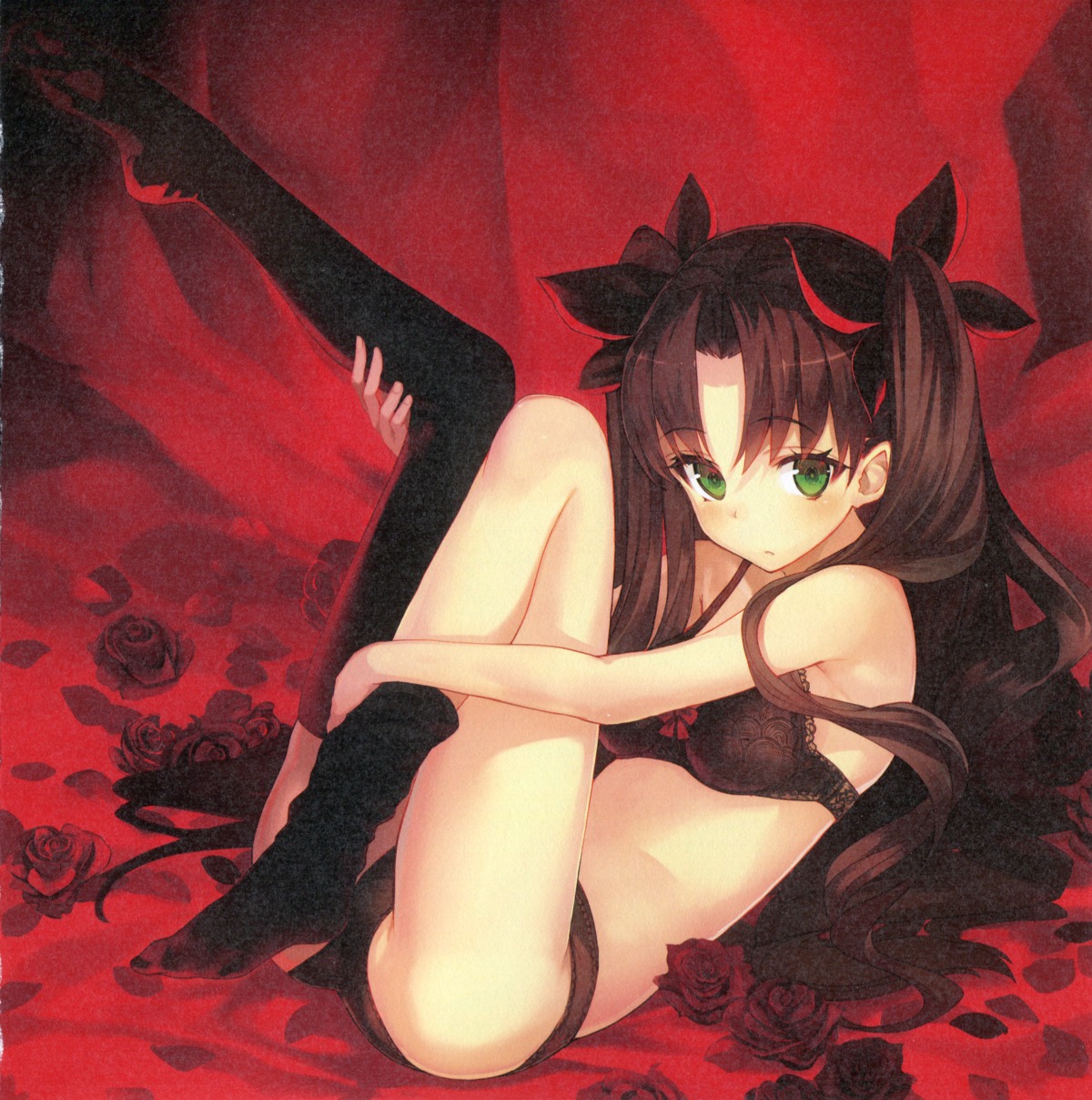 bra fate/extra fate/extra_ccc fate/stay_night pantsu paper_texture shirabi thighhighs toosaka_rin type-moon undressing