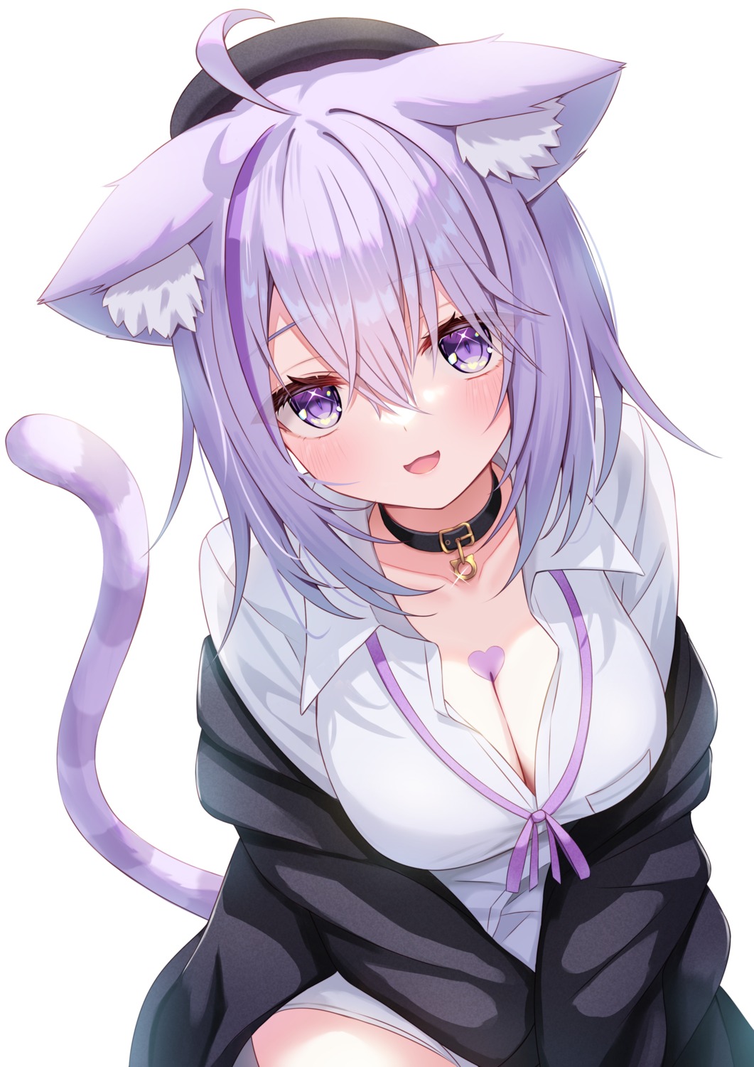 animal_ears cleavage dress_shirt hololive hololive_gamers nekomata_okayu nekomimi open_shirt tail togemaru