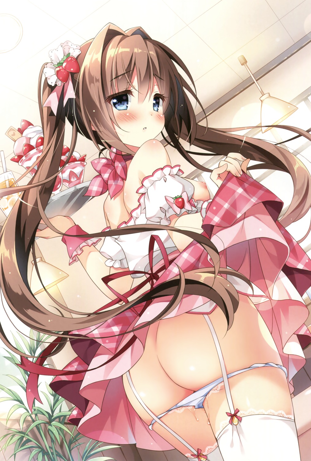 ass breasts cocoa_(pan_no_mimi) nipples no_bra pan pantsu panty_pull pussy_juice skirt_lift stockings thighhighs