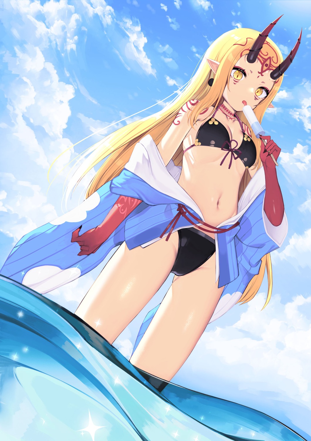 bikini cleavage fate/grand_order horns ibaraki_douji_(fate/grand_order) open_shirt pointy_ears swimsuits tattoo topu wet