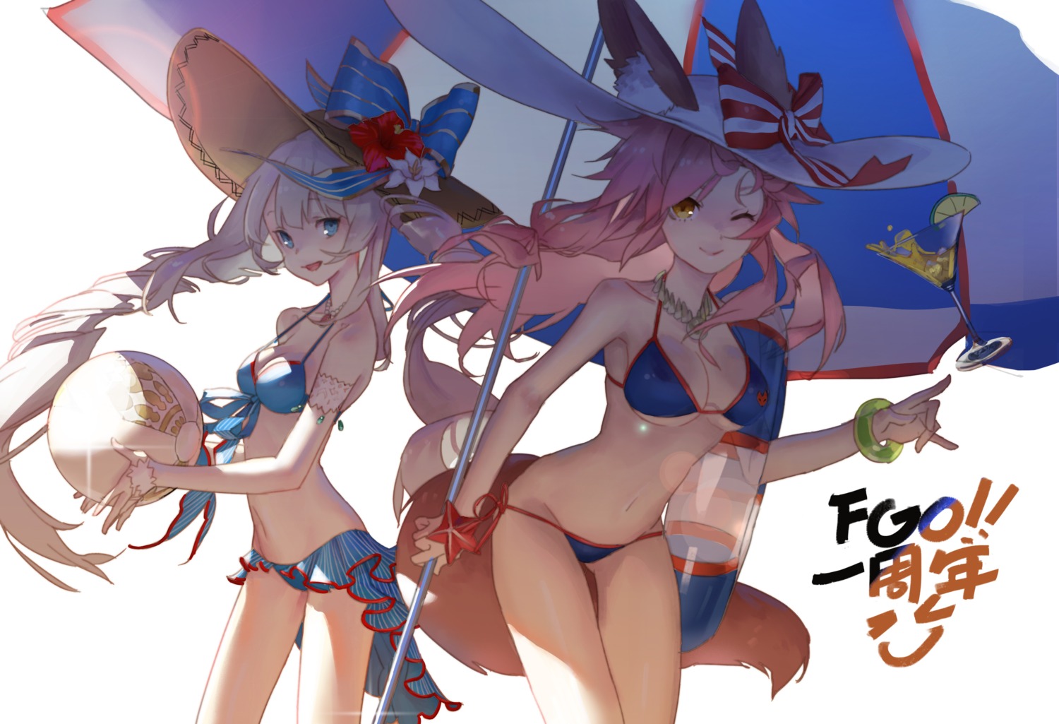 animal_ears bikini cleavage fate/grand_order keapriciti marie_antoinette_(fate/grand_order) swimsuits tail tamamo_no_mae underboob