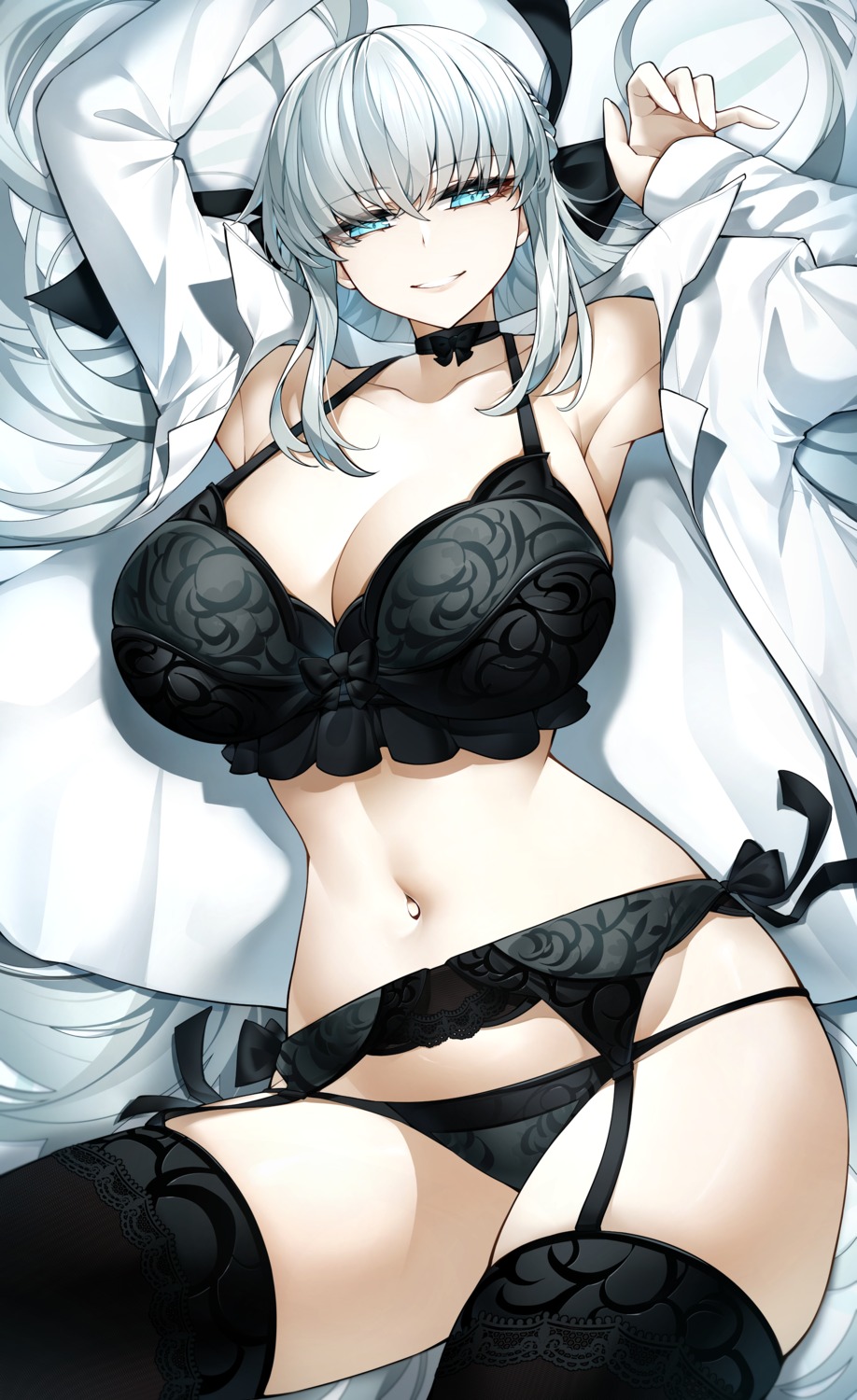 bra casul dress_shirt fate/grand_order garter_belt morgan_le_fay_(fate) open_shirt pantsu stockings thighhighs thong