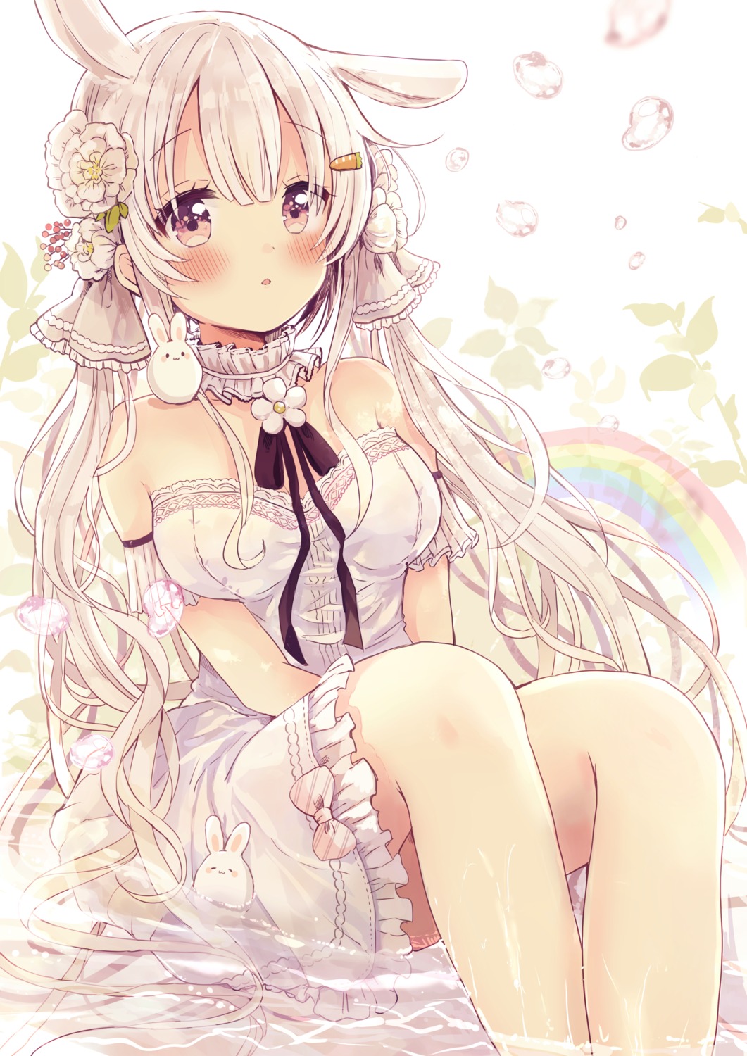 animal_ears bunny_ears dress sakura_oriko summer_dress wet