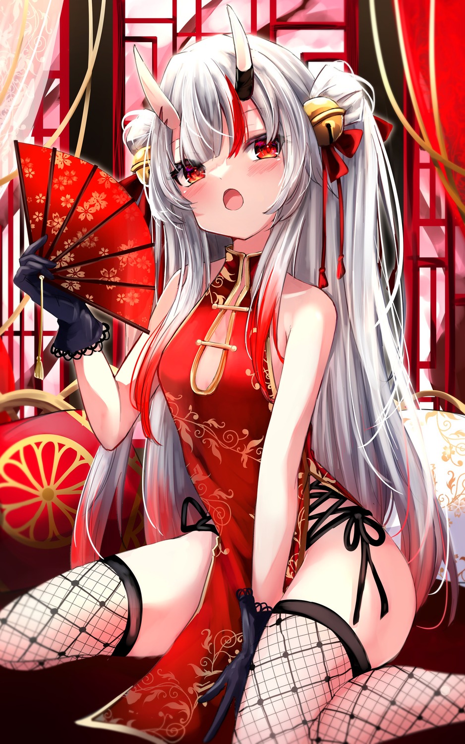 chinadress fishnets hololive horns michitose_gusa nakiri_ayame thighhighs