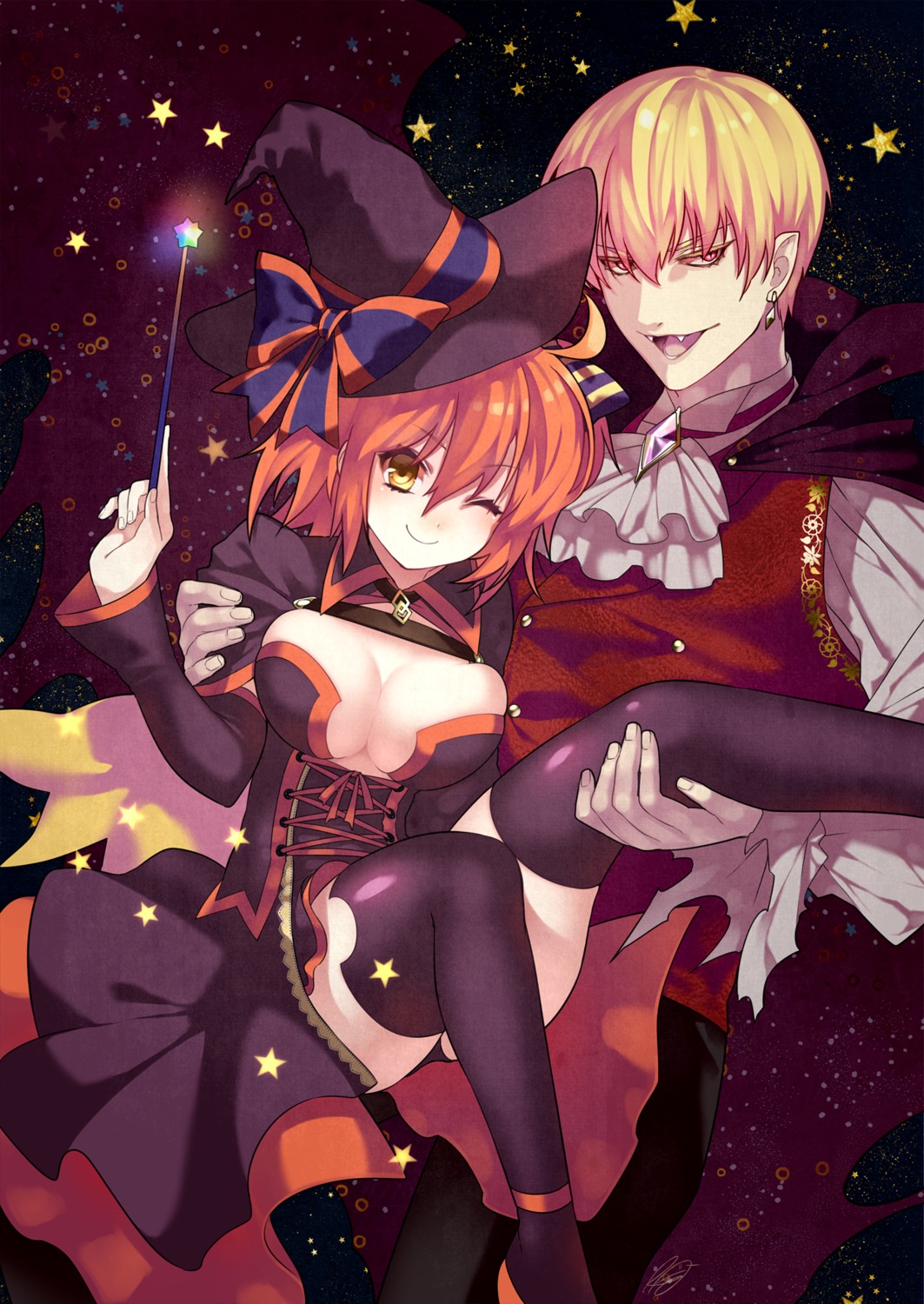 cleavage fate/grand_order fujimaru_ritsuka_(female) gilgamesh_(caster) halloween no_bra rkp thighhighs weapon witch