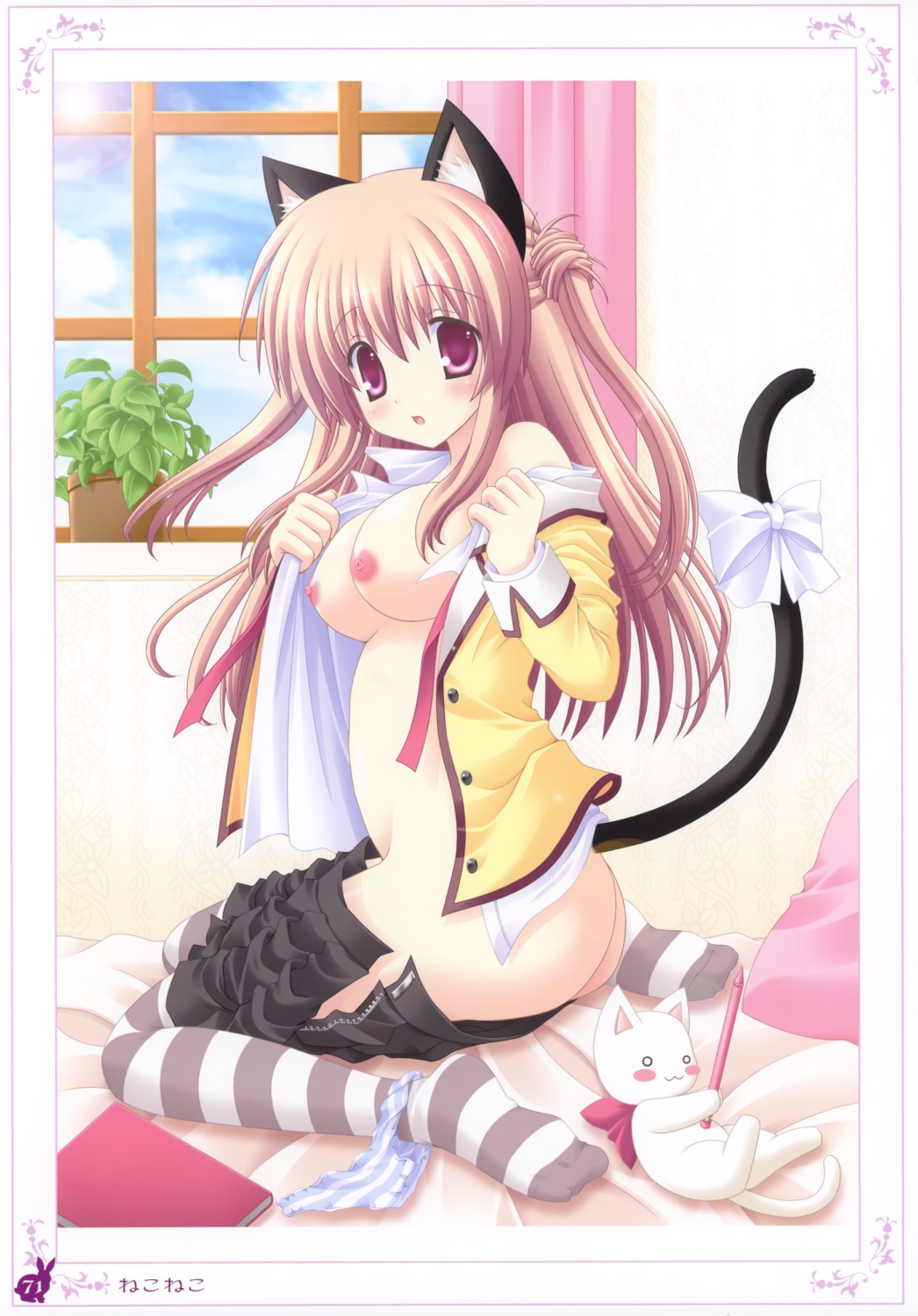 animal_ears breasts nekomimi nekoneko nipples open_shirt seifuku tail thighhighs undressing