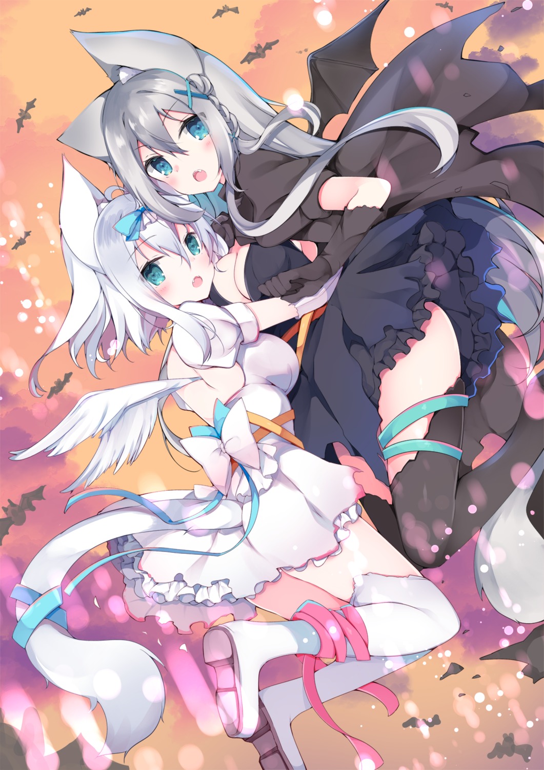 animal_ears dress halloween nekomimi no_bra satsuki_mayuri skirt_lift tail thighhighs wings yuri