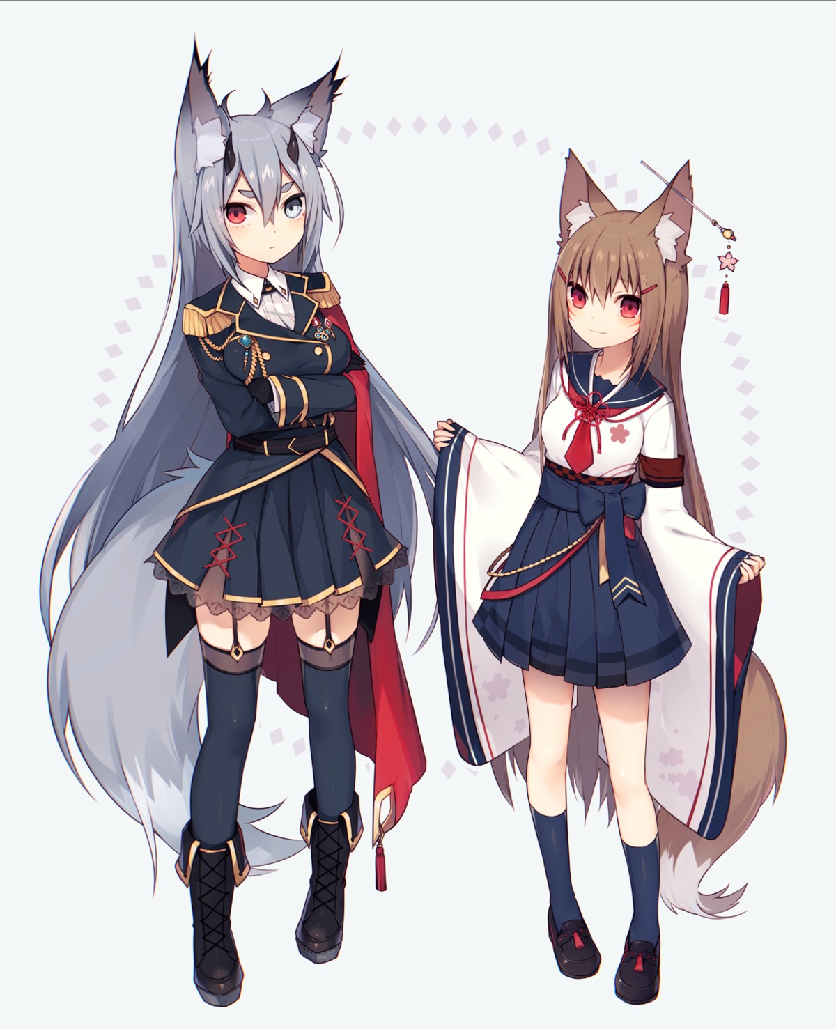 animal_ears heterochromia kitsune lolita_fashion muryo see_through seifuku stockings thighhighs uniform wa_lolita