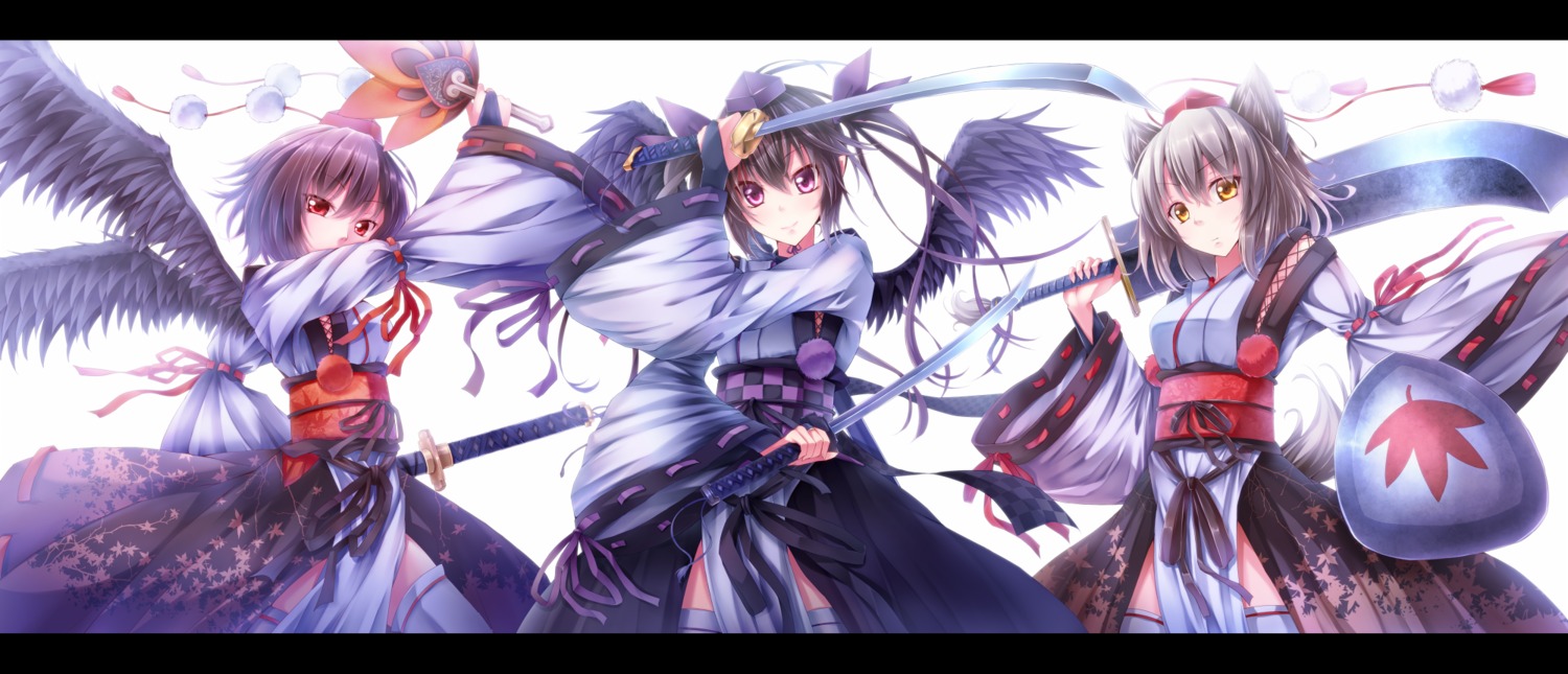 animal_ears dabadhi himekaidou_hatate inubashiri_momiji shameimaru_aya sword tail thighhighs touhou wings