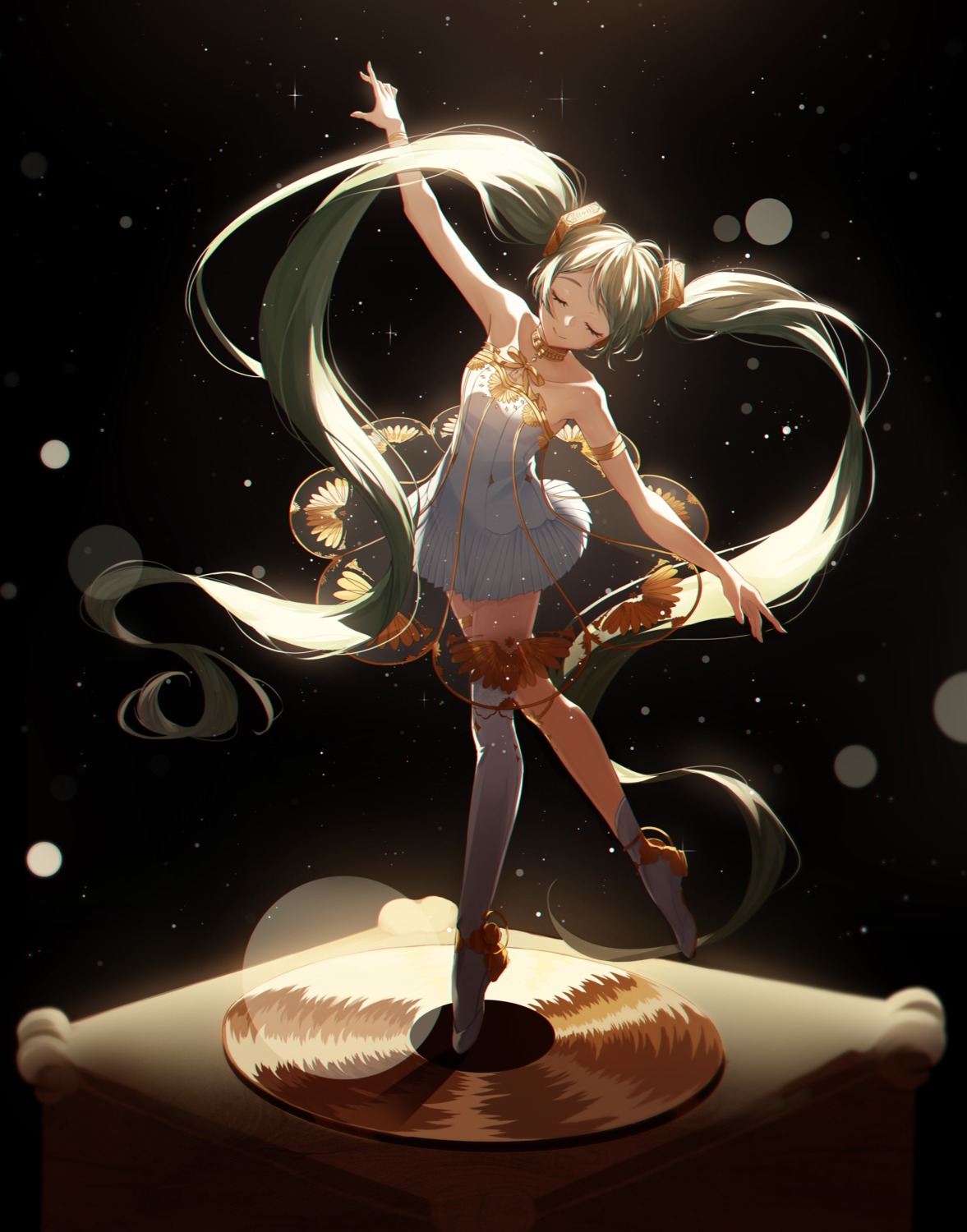 arahe dress gramophone_miku hatsune_miku hatsune_miku_symphony headphones see_through thighhighs vocaloid