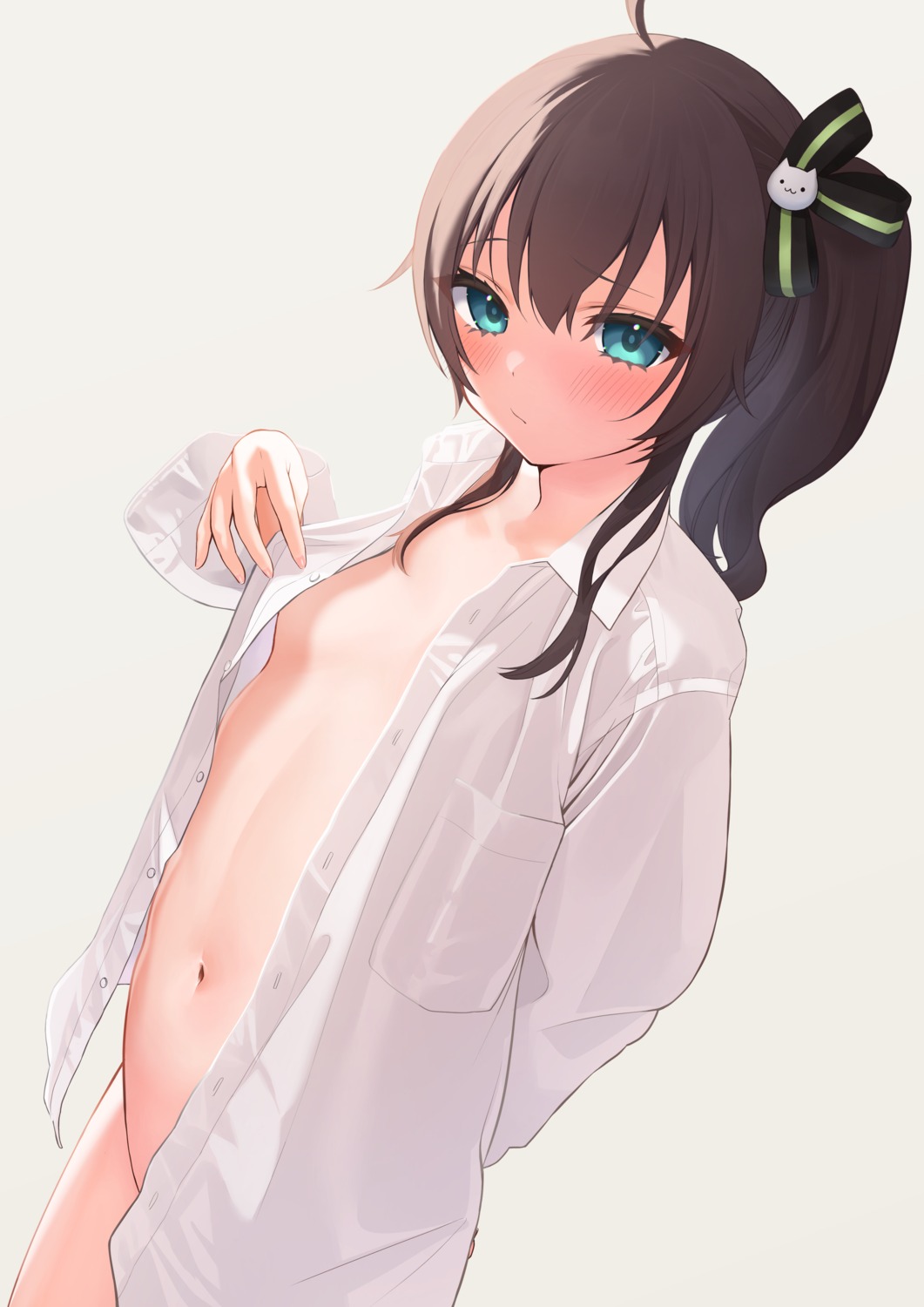 bottomless dress_shirt hololive loli natsuiro_matsuri no_bra norato open_shirt undressing