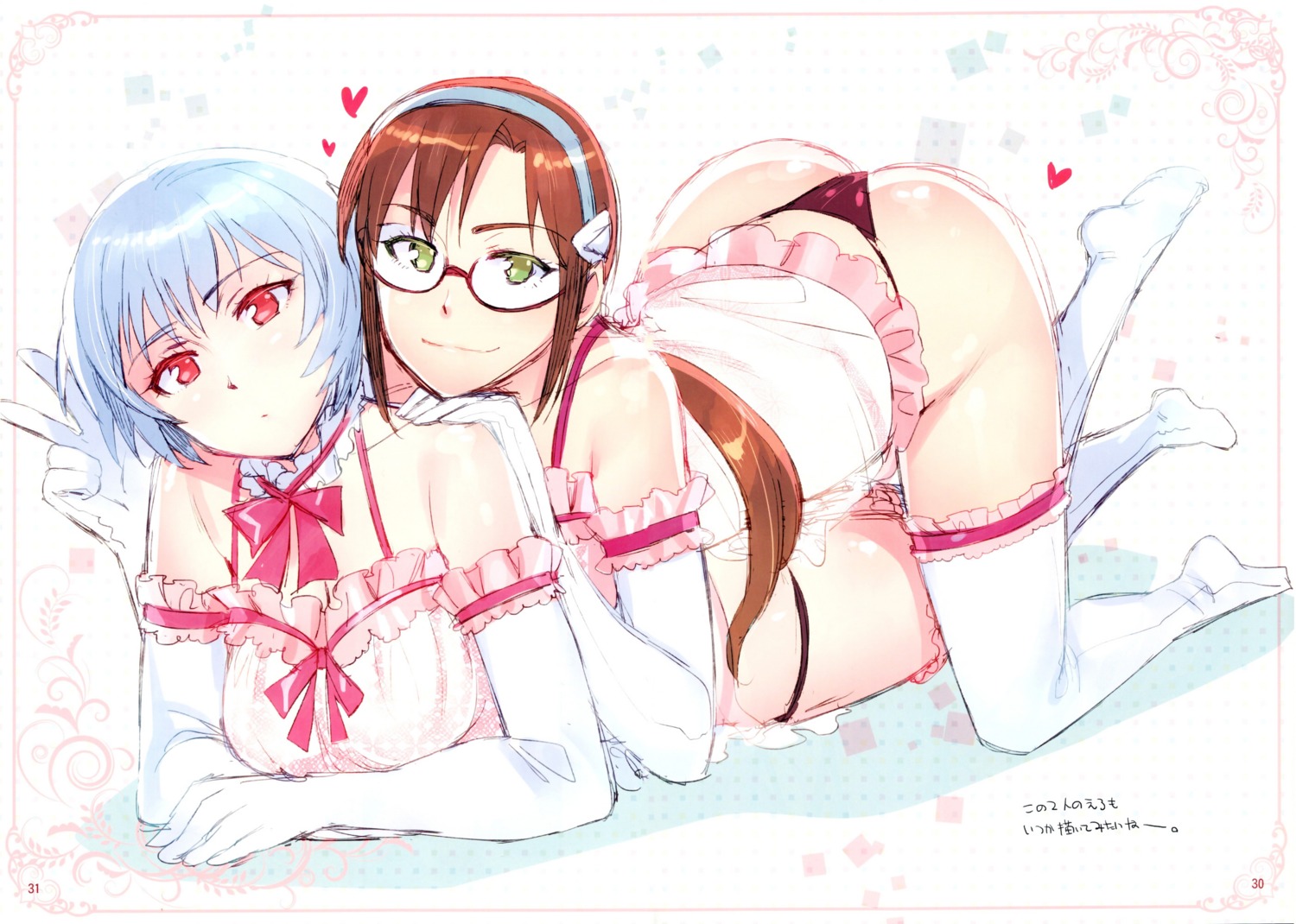 ayanami_rei garter lingerie makinami_mari_illustrious megane miyamoto_smoke neon_genesis_evangelion otsumami pantsu redrop thighhighs