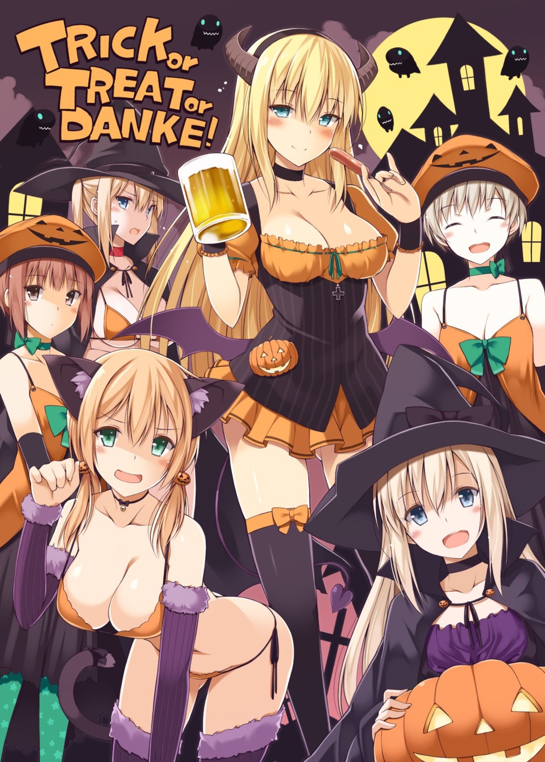 bikini bismarck_(kancolle) cleavage dress graf_zeppelin_(kancolle) halloween horns kantai_collection oota_yuuichi prinz_eugen_(kancolle) swimsuits tail thighhighs u-511 wings witch z1_leberecht_maass_(kancolle) z3_max_schultz_(kancolle)