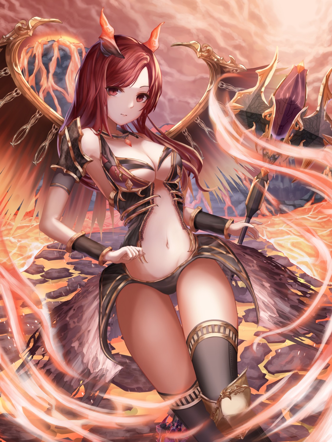 armor cleavage gya_(144) horns no_bra thighhighs weapon wings