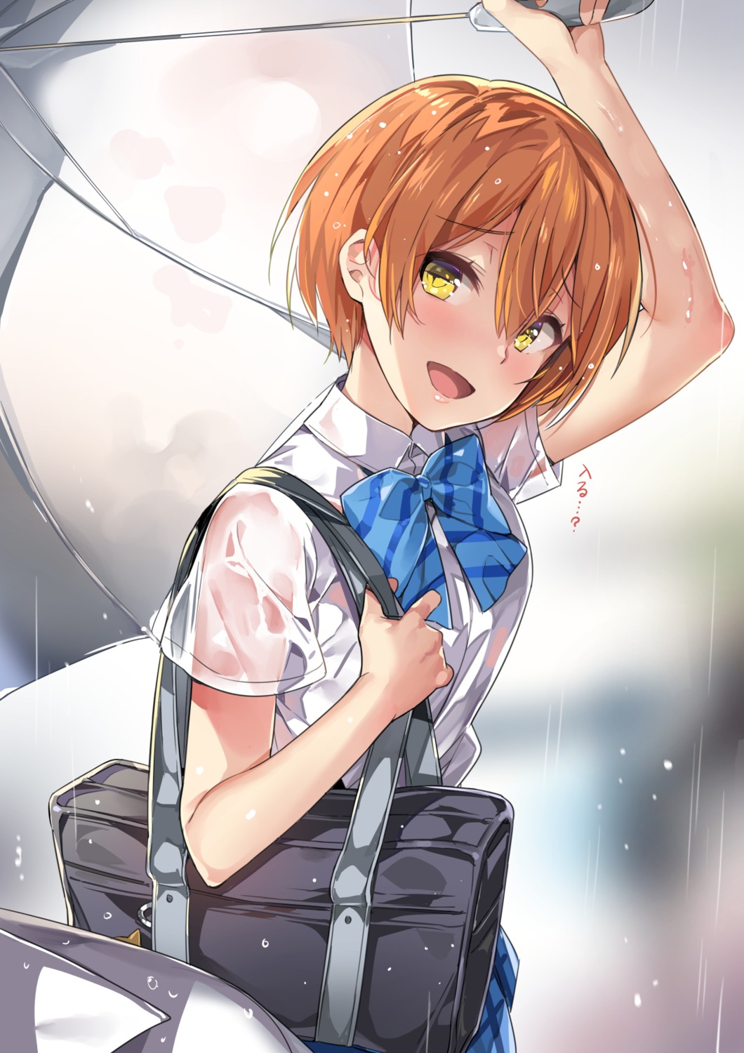 hoshizora_rin love_live! see_through seifuku umbrella wet wet_clothes yuran