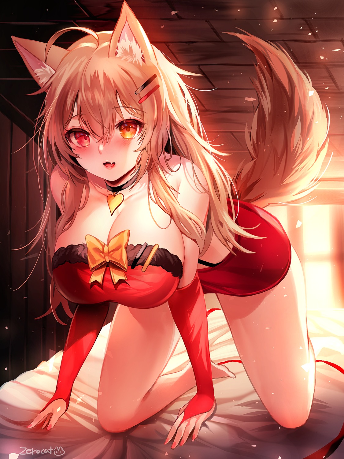 animal_ears cleavage heterochromia kitsune no_bra tail zerocat