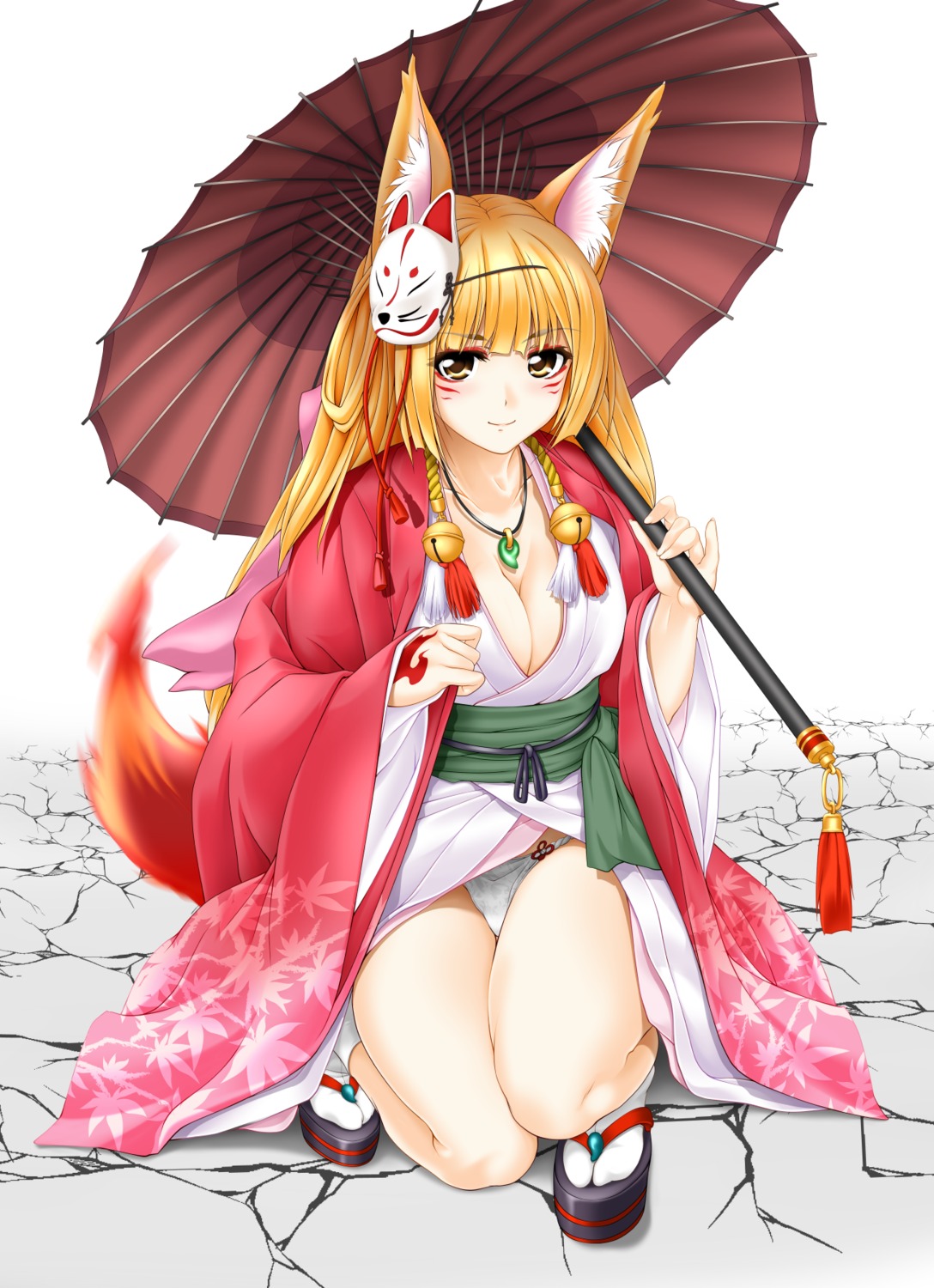 animal_ears cleavage japanese_clothes kitsune no_bra open_shirt pantsu tail tomoya_kankurou umbrella