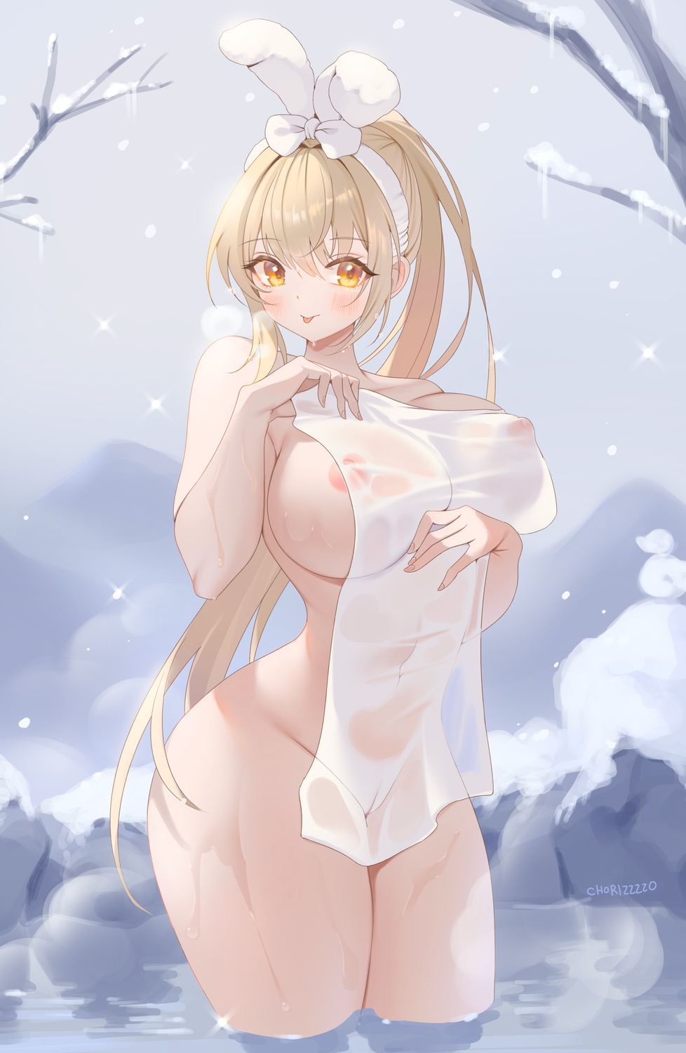 animal_ears bunny_ears cameltoe erect_nipples naked onsen see_through towel wet zzo_(chorizzzzo)