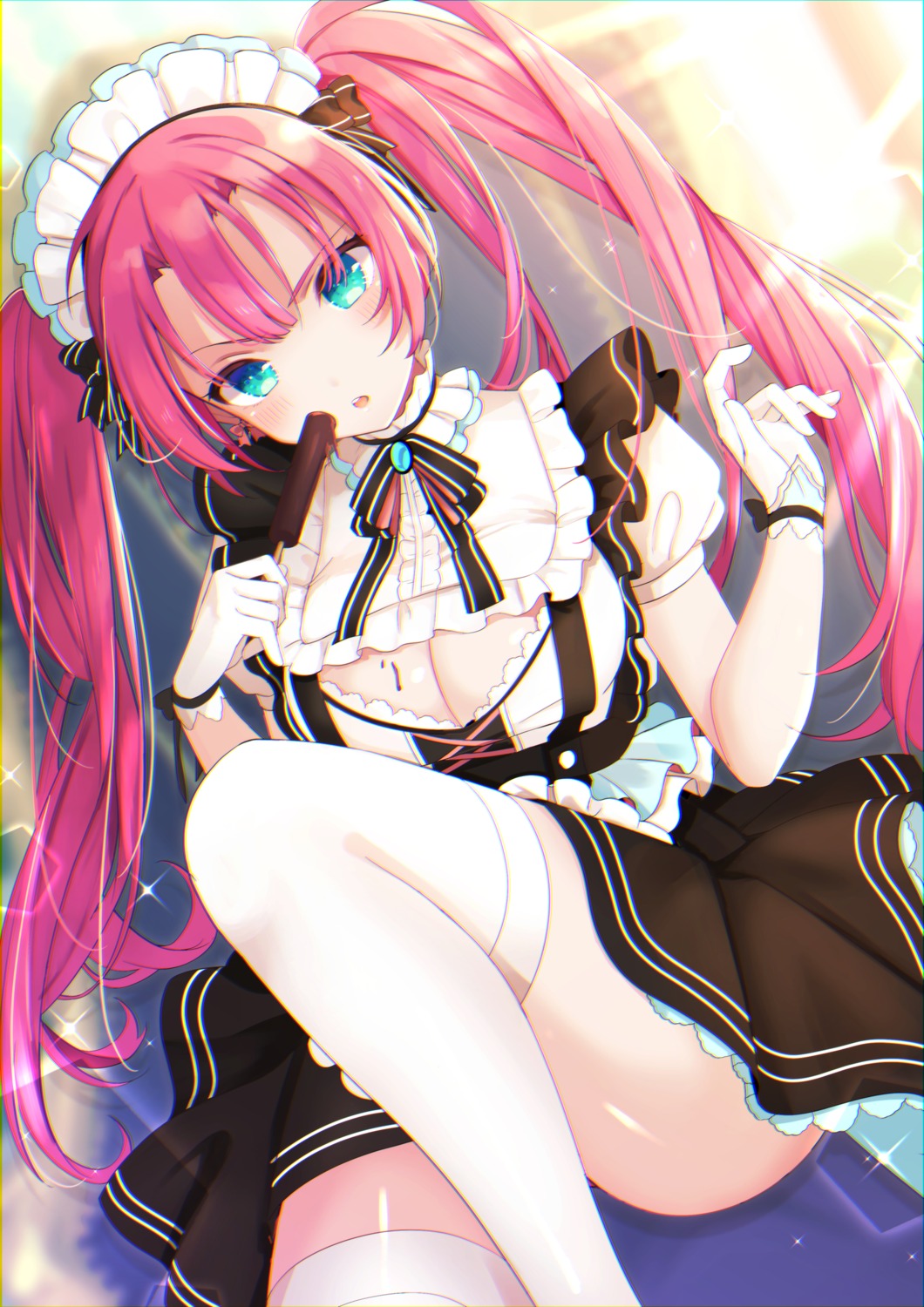 cleavage cream goroo_(eneosu) maid skirt_lift thighhighs