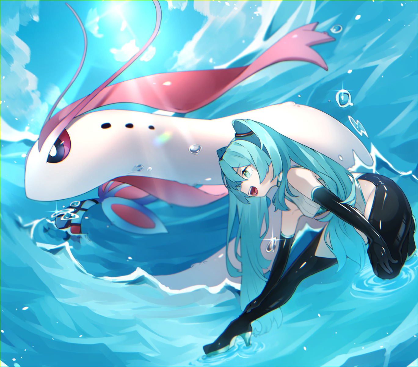 crossover hatsune_miku heels leotard milotic pokemon reirou_(chokoonnpu) vocaloid wet