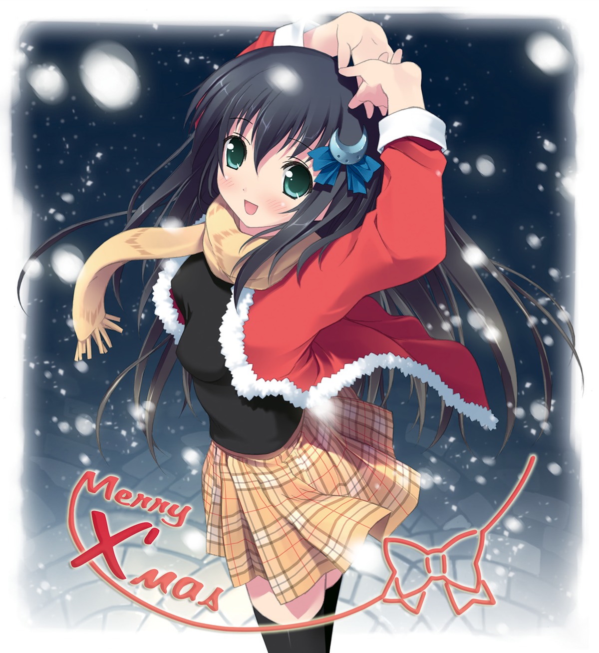 amesarasa chiyokawa_rin christmas cuffs digital_version kantoku skirt_lift thighhighs