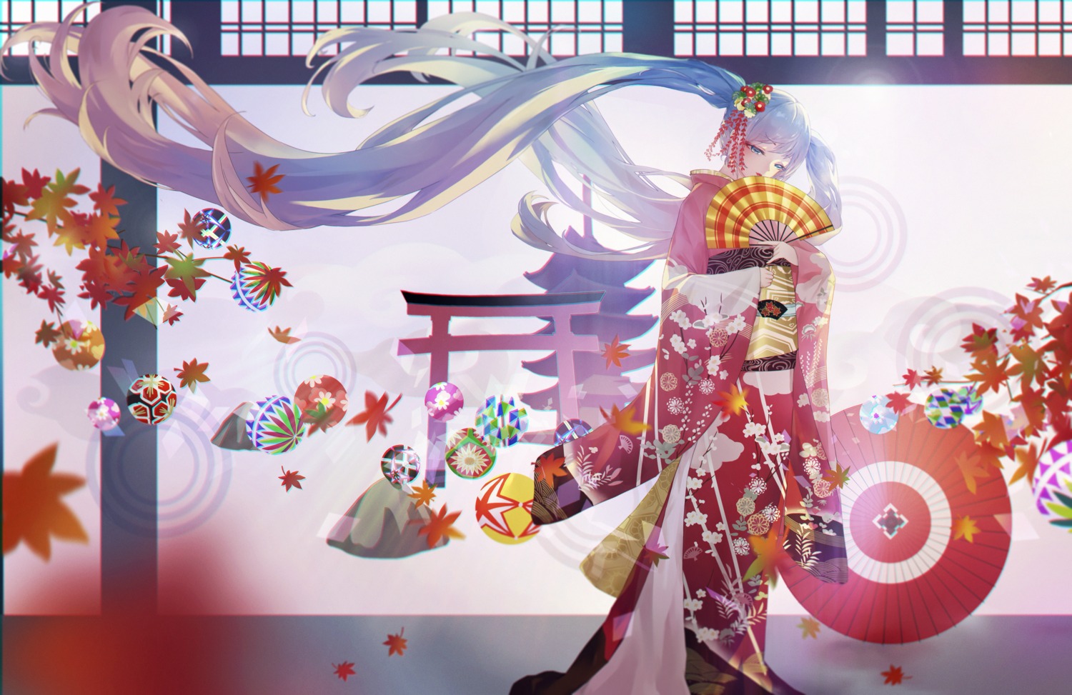 hatsune_miku kimono kyoto_nippon_festival m_(artist) umbrella vocaloid