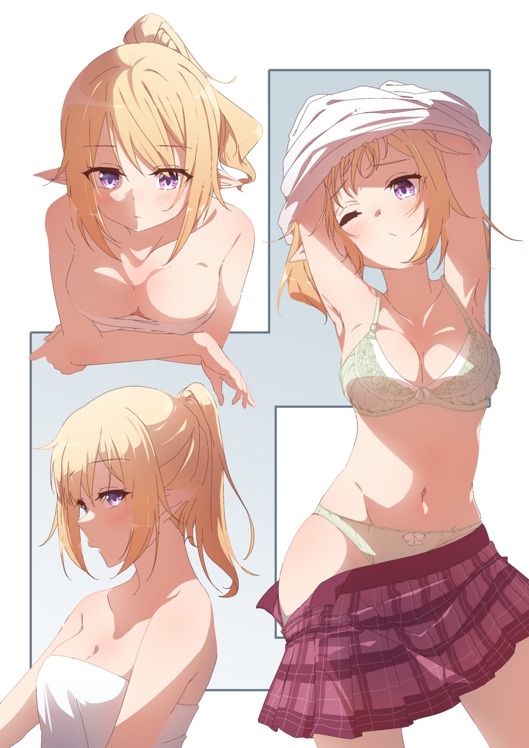 cleavage kuroe_hanako mushi_hara pantsu pointy_ears princess_connect princess_connect!_re:dive seifuku shirt_lift towel undressing