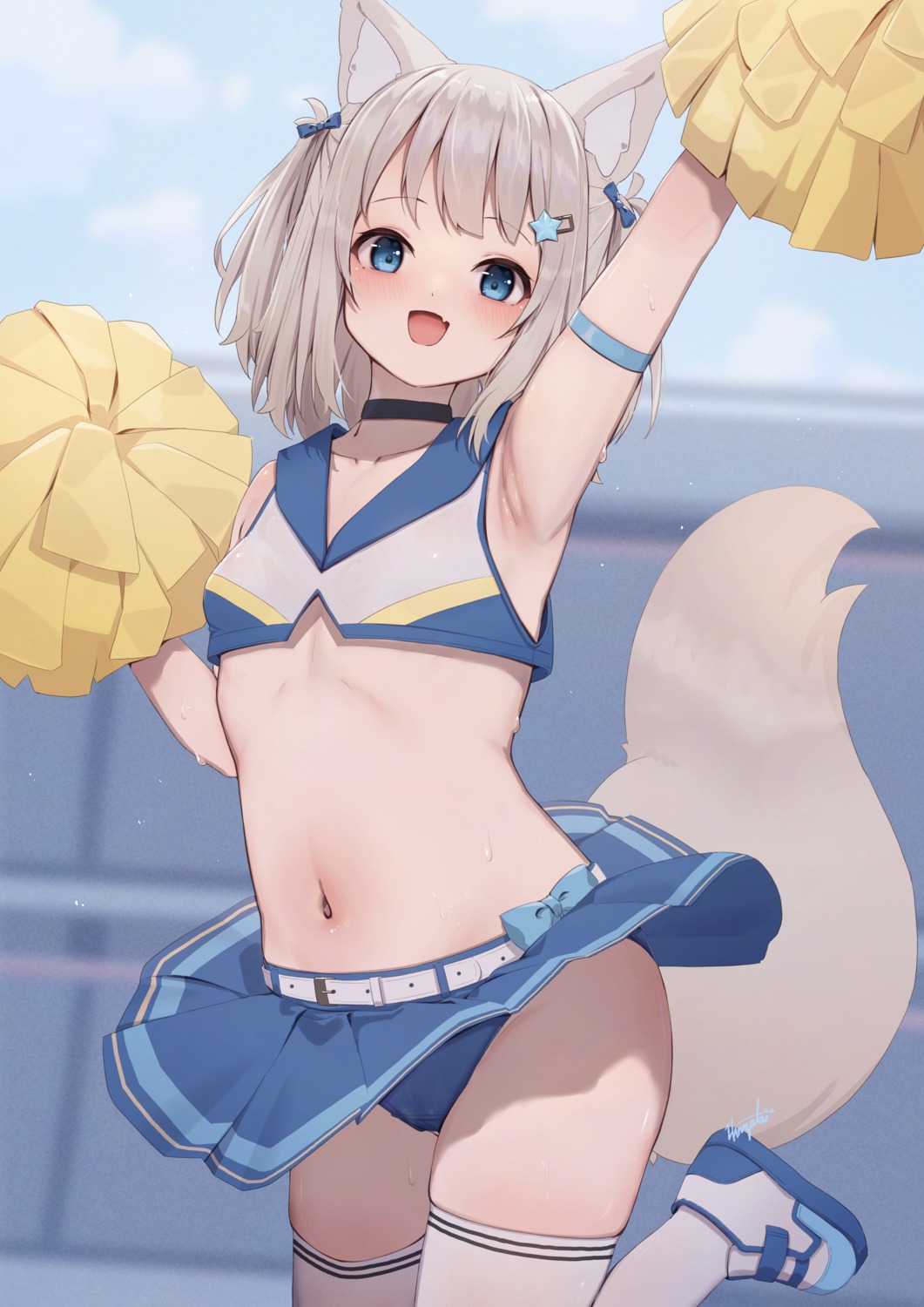 animal_ears cheerleader hinata_(pixiv53862745) kitsune loli pantsu skirt_lift tail thighhighs wet