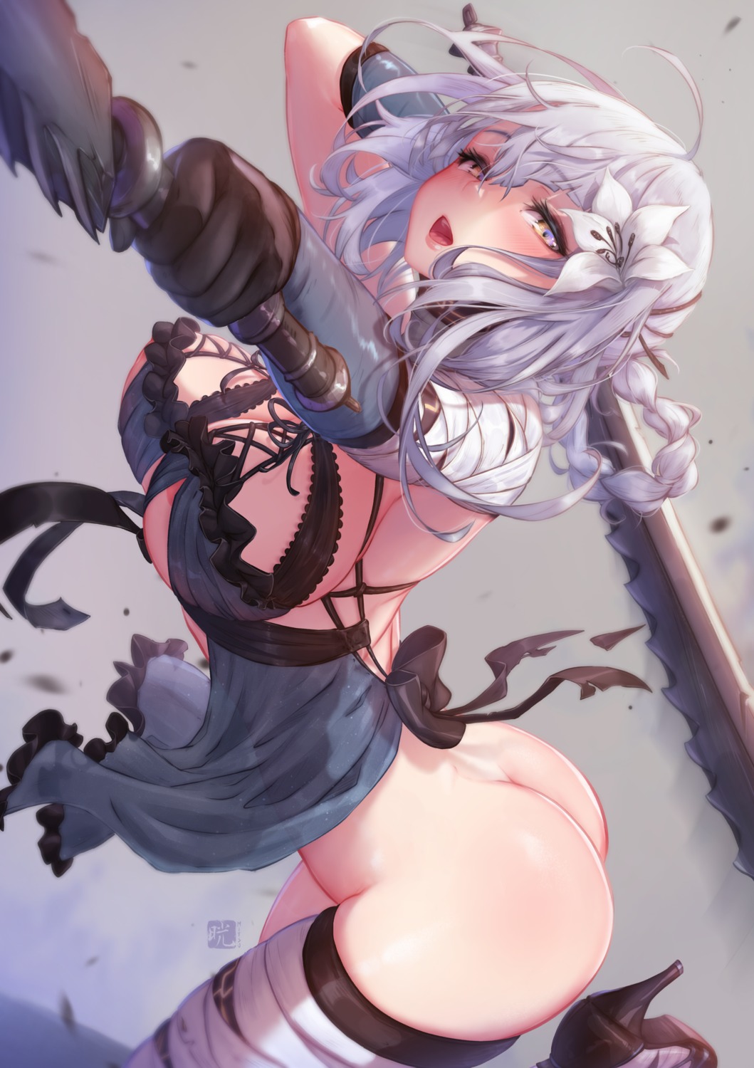 ass bandages bottomless heels kaine_(nier) mitsu_(mitsu_art) nier nier_replicant no_bra see_through thighhighs weapon