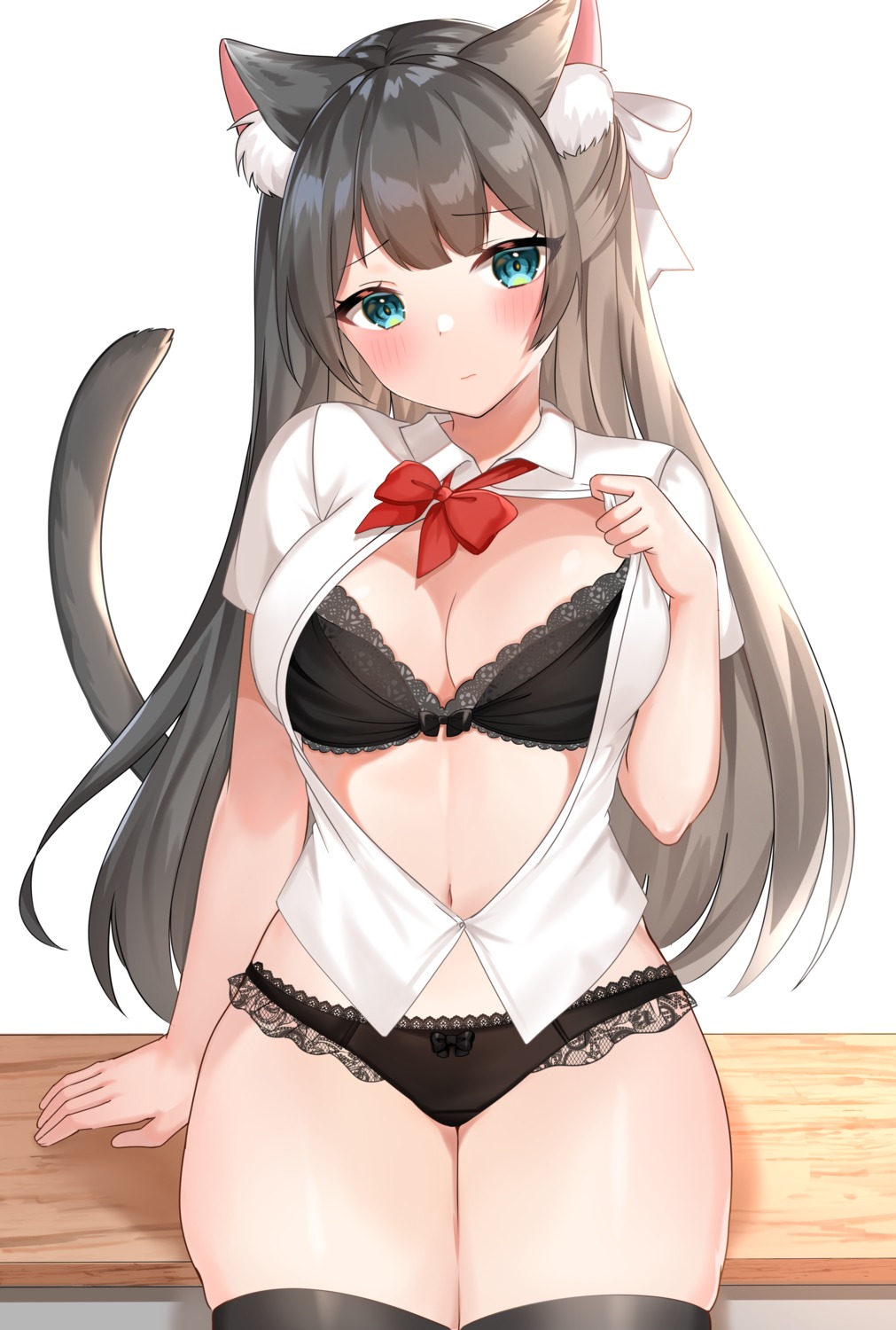 animal_ears bra katsushika_pachi nekomimi open_shirt pantsu seifuku tail thighhighs undressing