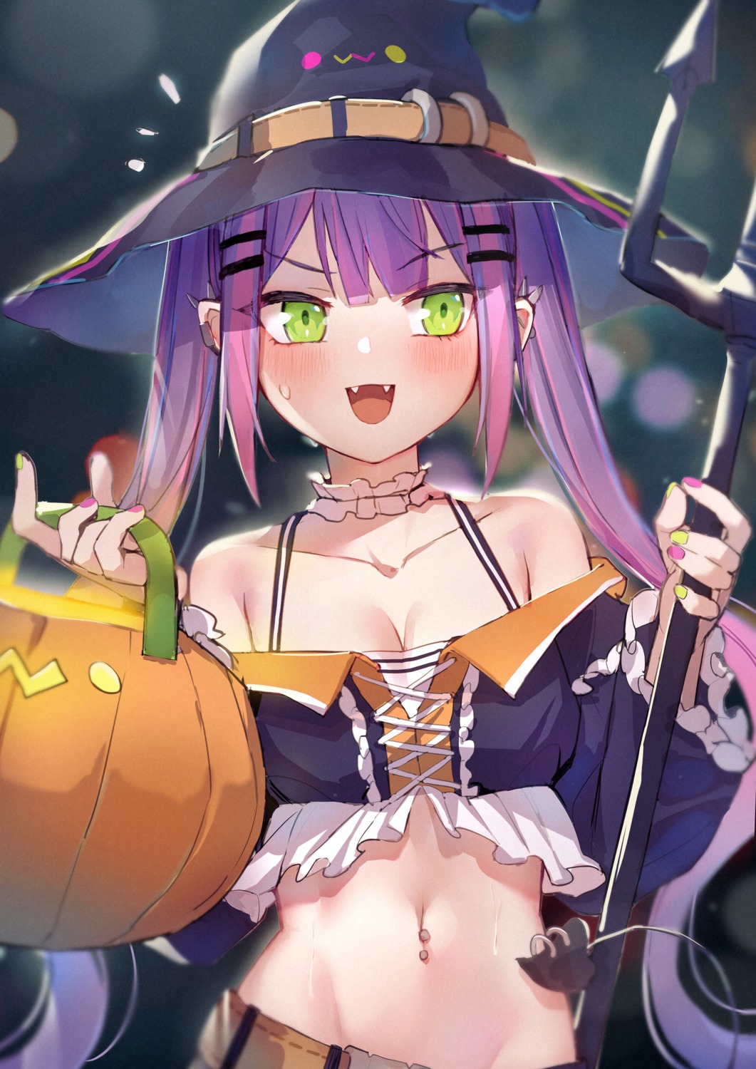 cleavage halloween hololive mr.lime tail tokoyami_towa weapon witch