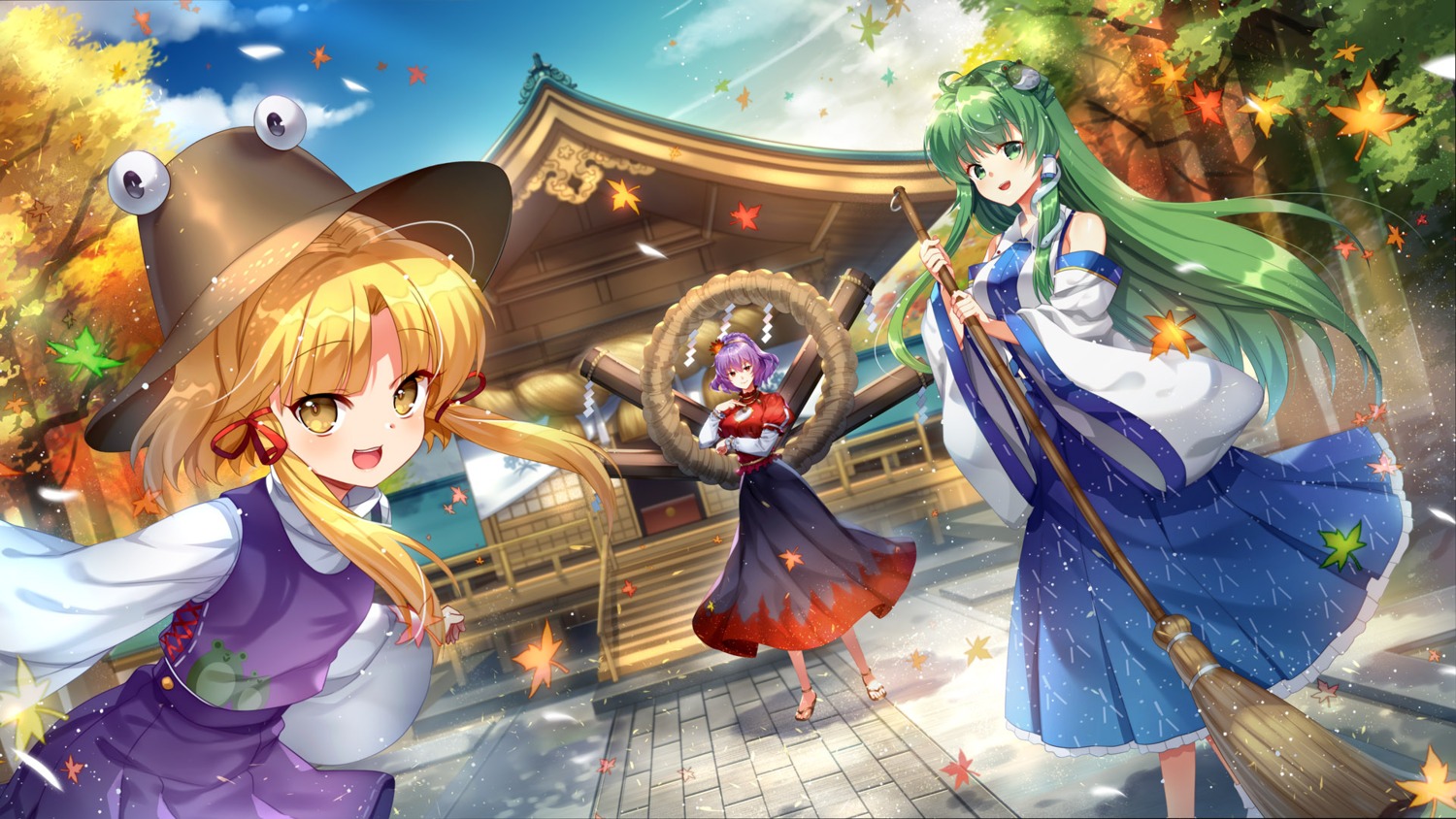 capura_lin kochiya_sanae moriya_suwako skirt_lift touhou wallpaper yasaka_kanako