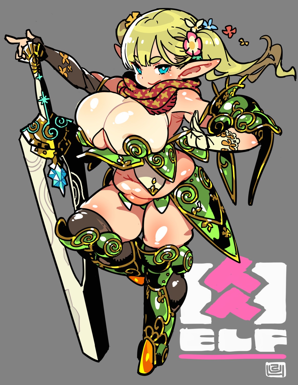 armor bikini_armor cleavage elf himukai_yuuji pointy_ears sword thighhighs